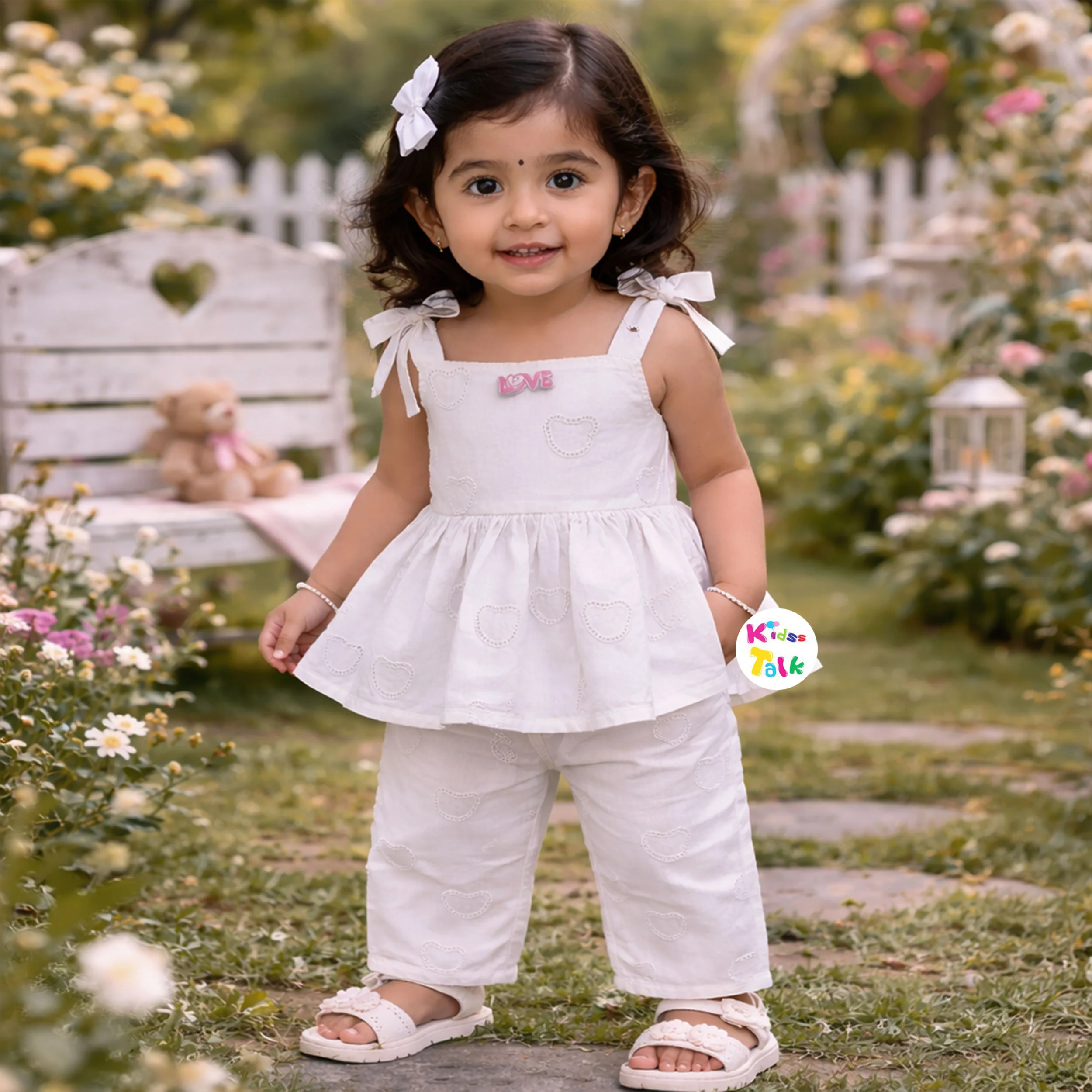 Cotton Sleeveless Top With Cute Embroidered & Culottes - White