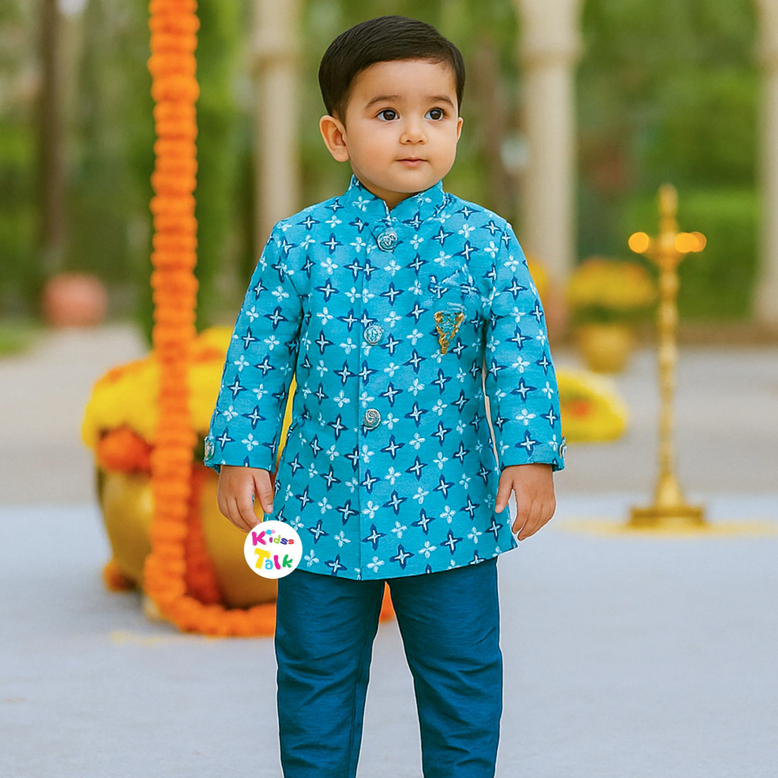 Royal Full Sleeve Sherwani Set With Broach - Blue