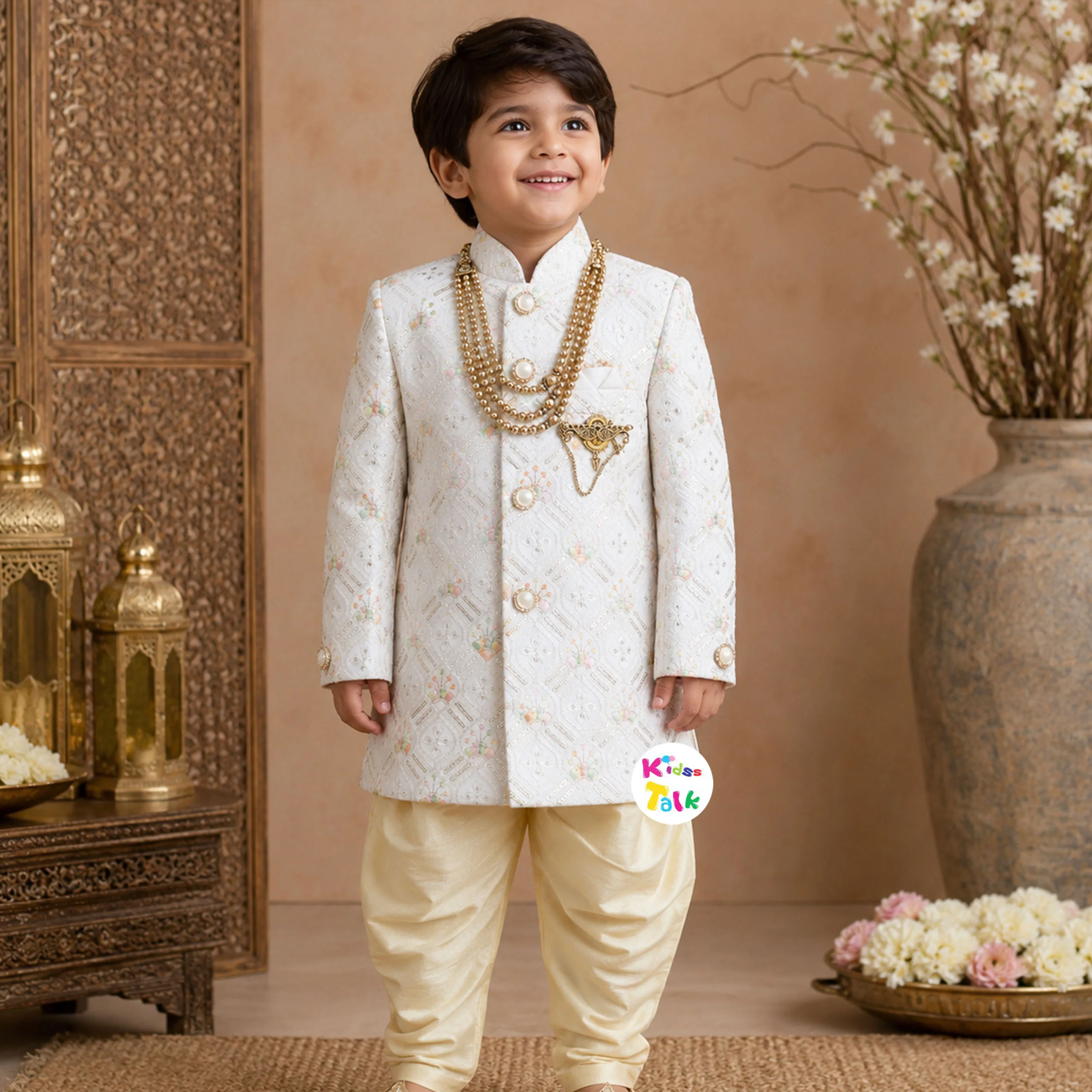 Royal Full Sleeve Sherwani Set With Embroidered - Cream