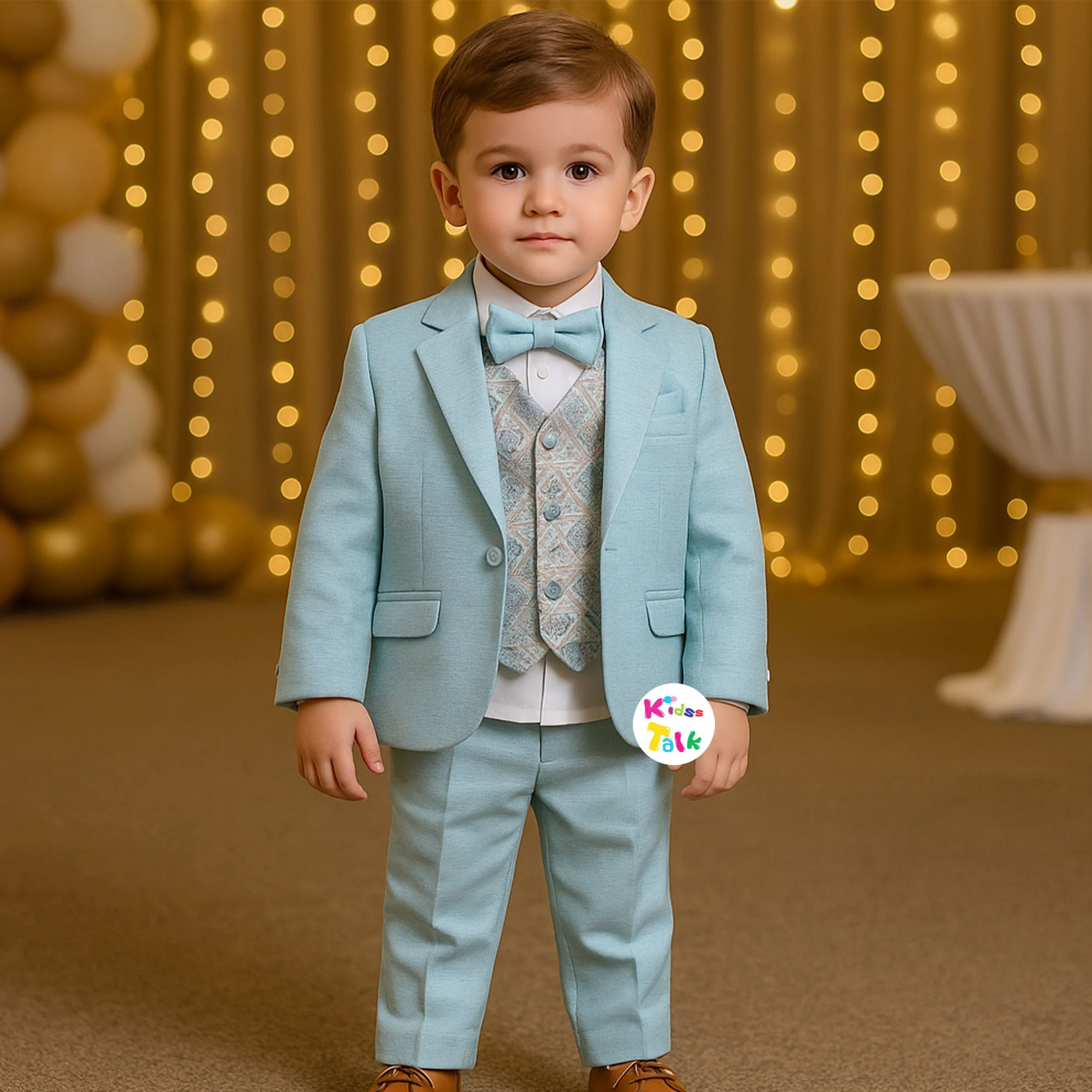 Royal 3 Piece Coat Set With Printed Waist Coat And Pant - Ice Blue