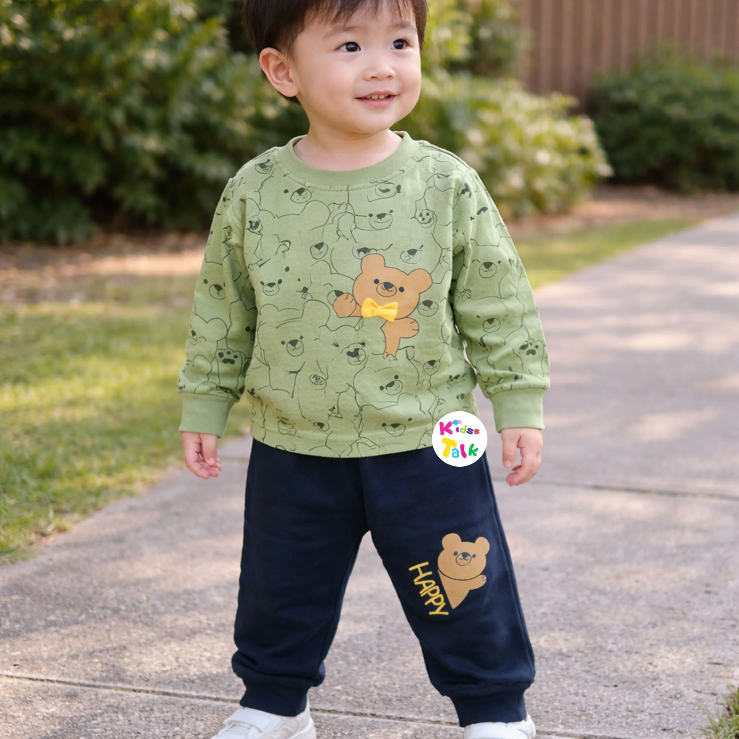 Cotton Knitted Full Sleeve T-shirt Set With Cute Print - Olive Green