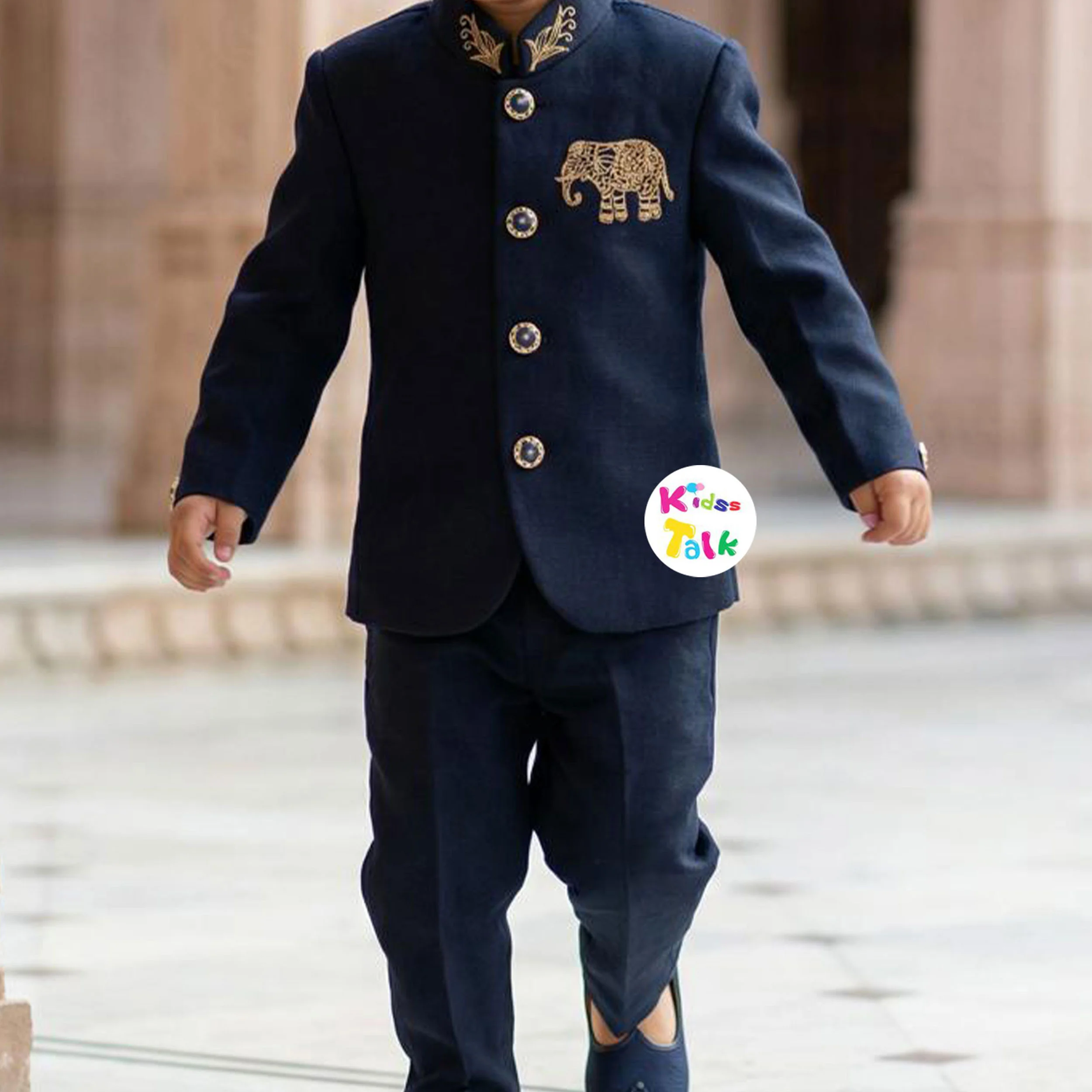 Royal Full Sleeve Sherwani Set With Zardhosi Work - Navy Blue