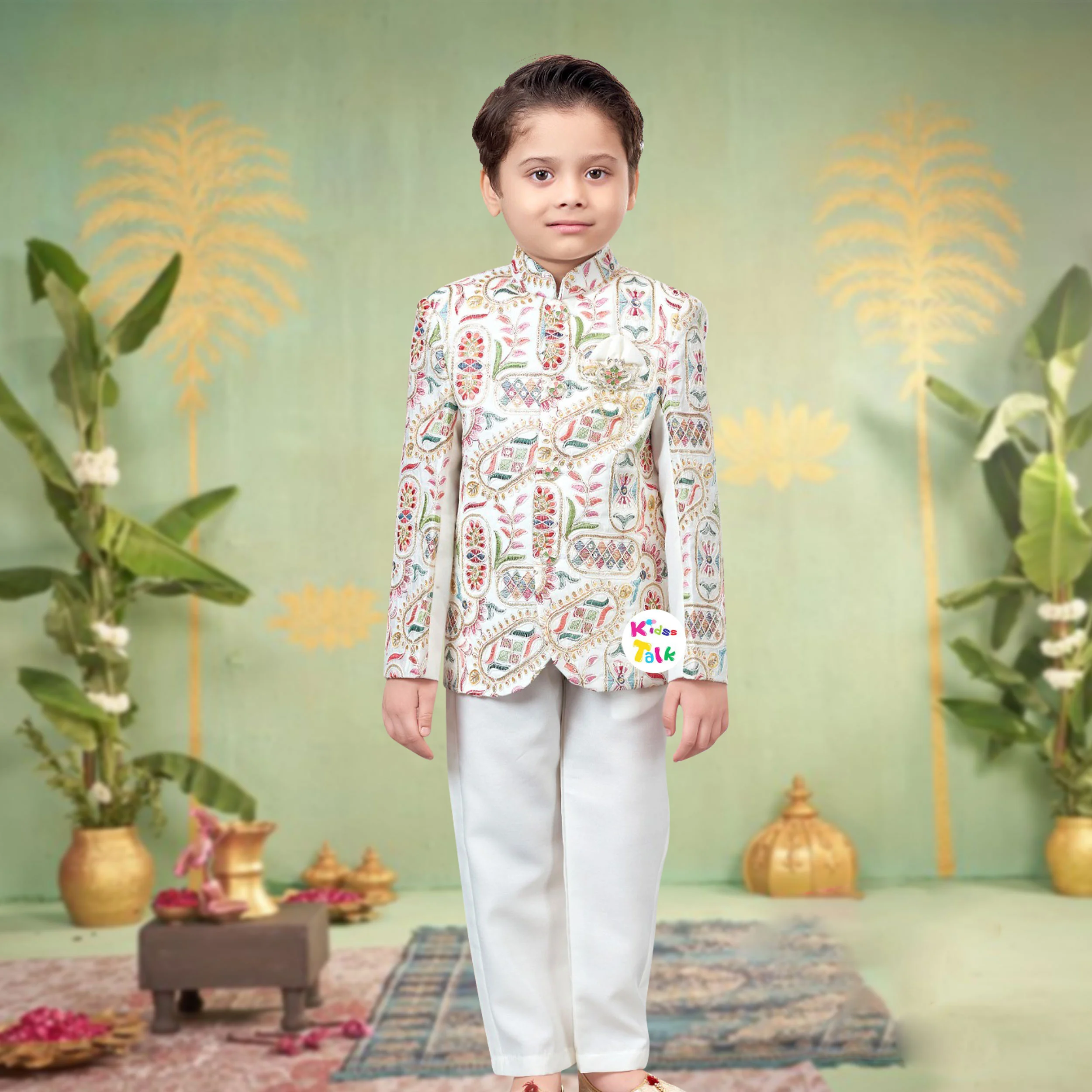 Royal Cotton Full Sleeve Sherwani Set With Broach - Cream