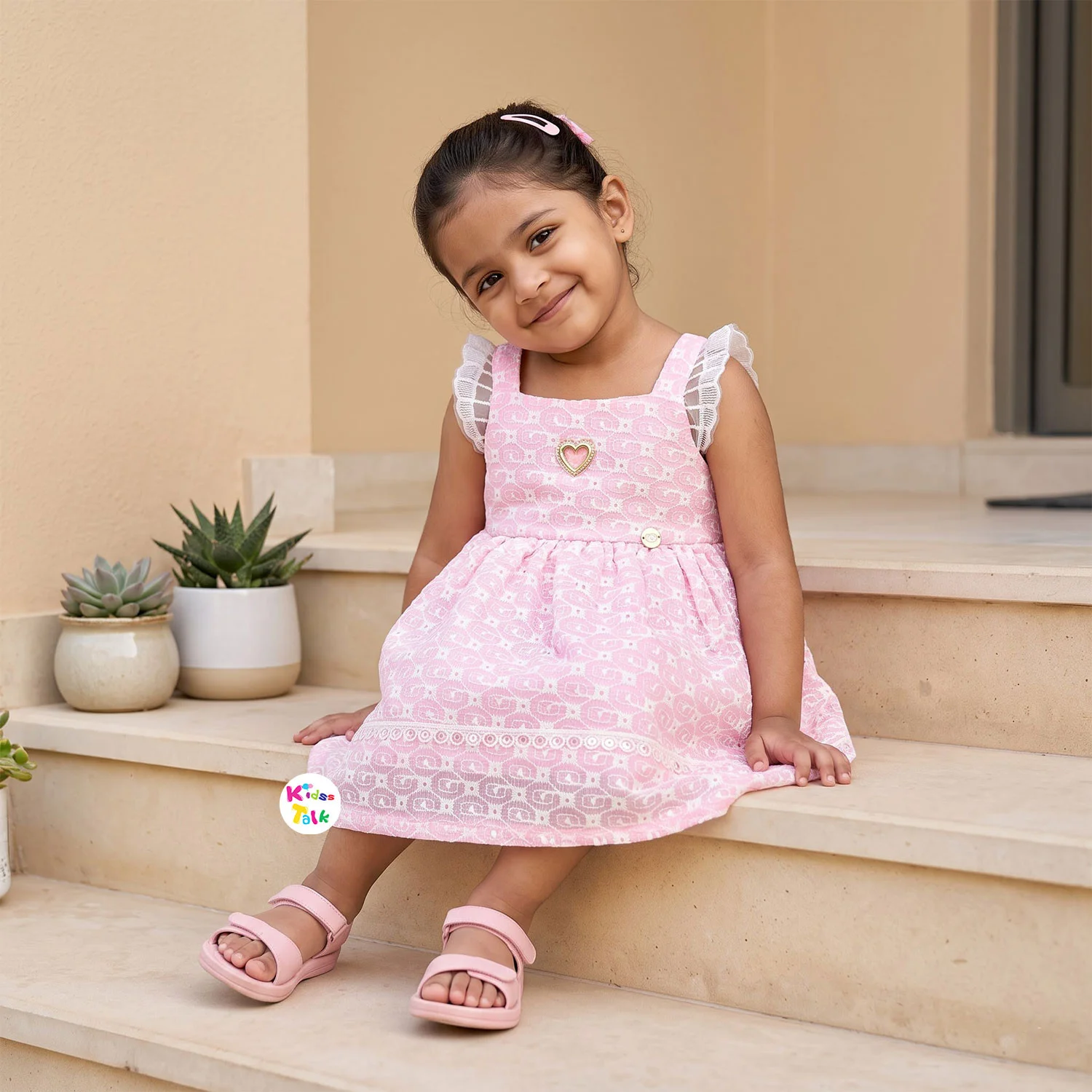 Cotton Ruffle Sleeve Party Frock With Schiffli Embroidery - Baby Pink