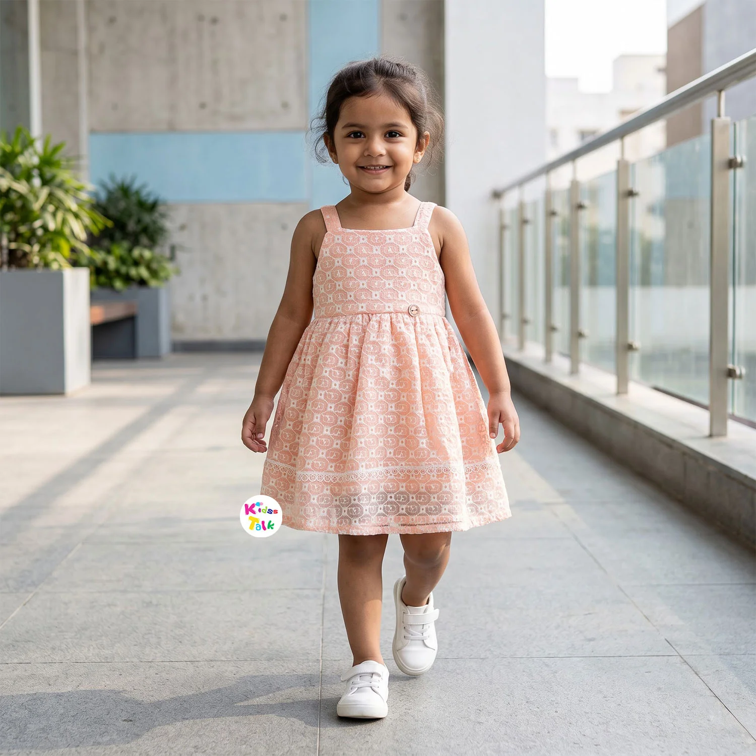 Cotton Ruffle Sleeve Party Frock With Schiffli Embroidery - Peach