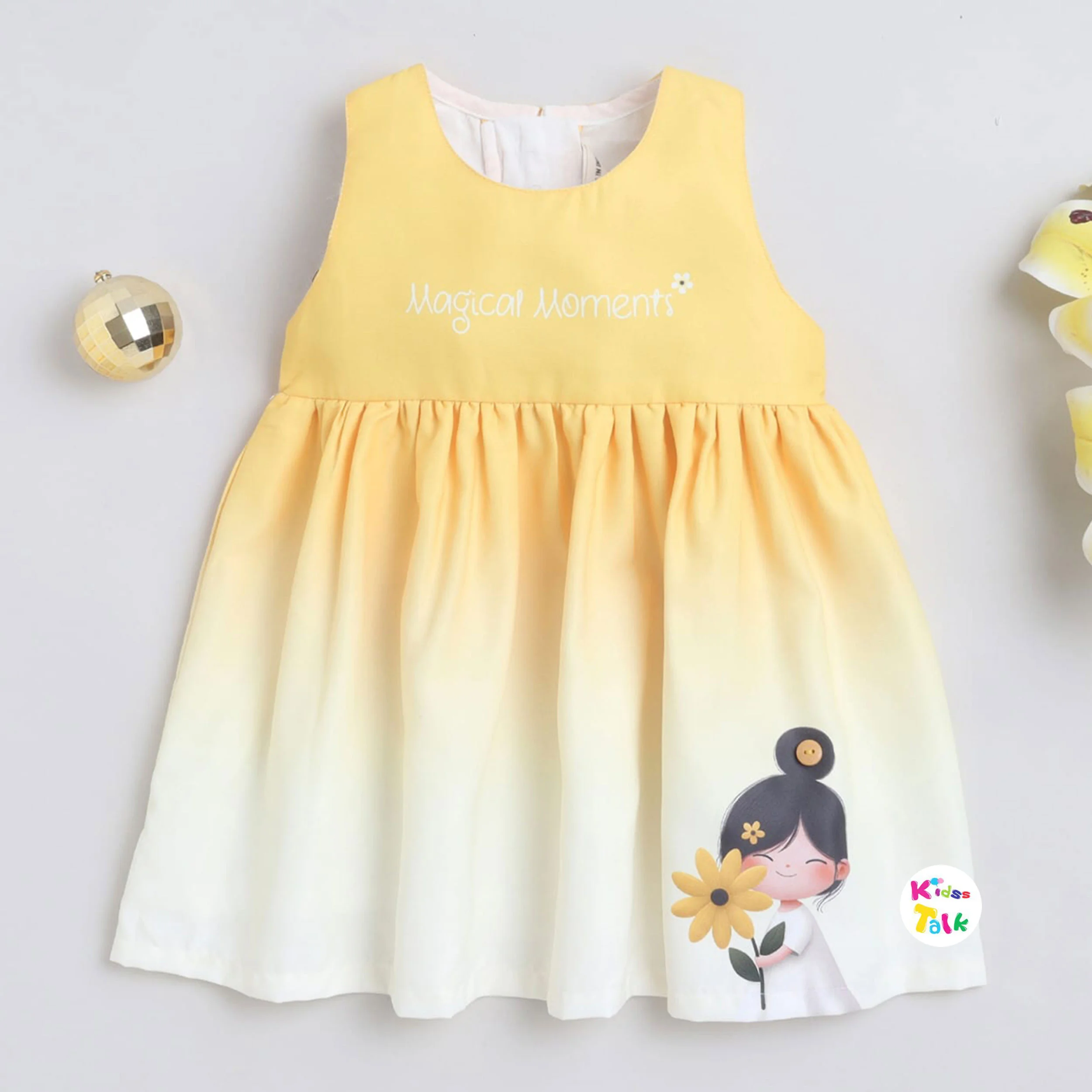 Cute Sleeveless Frock With Character Print - Mustard