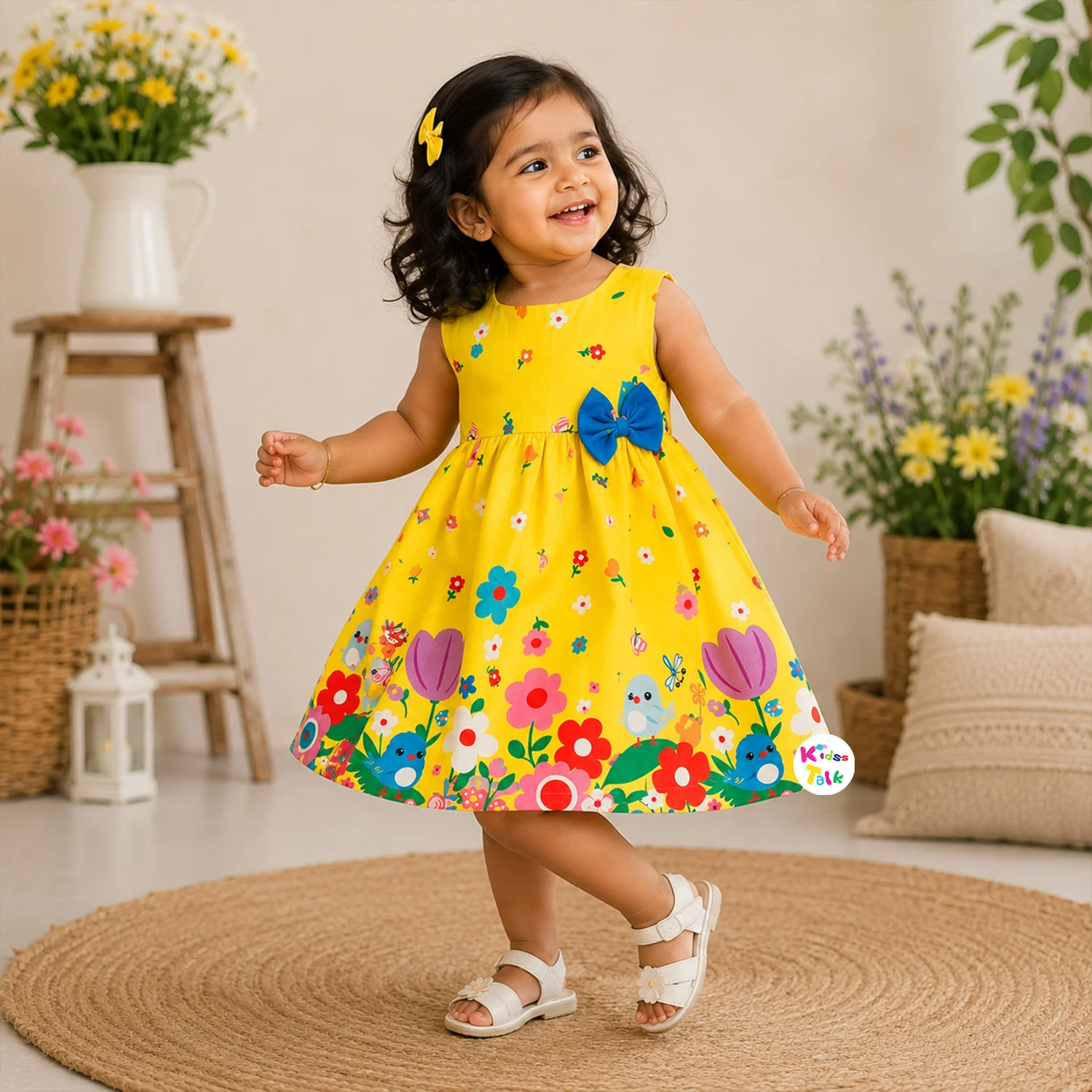 Cute Sleeveless Frock With Cute Print - Mustard