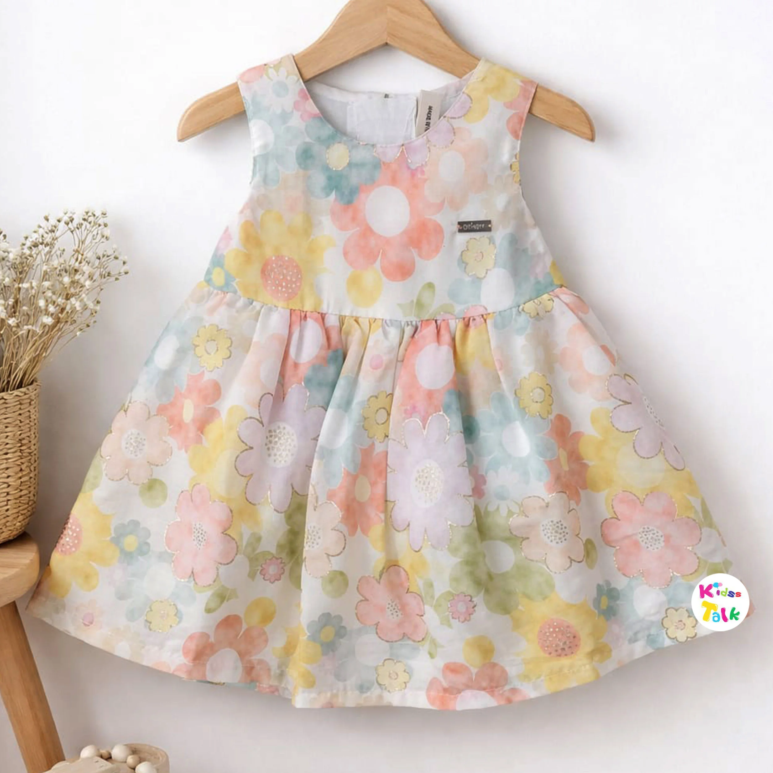 Cute Satiin Sleeveless Frock With Floral Print - Multicolour