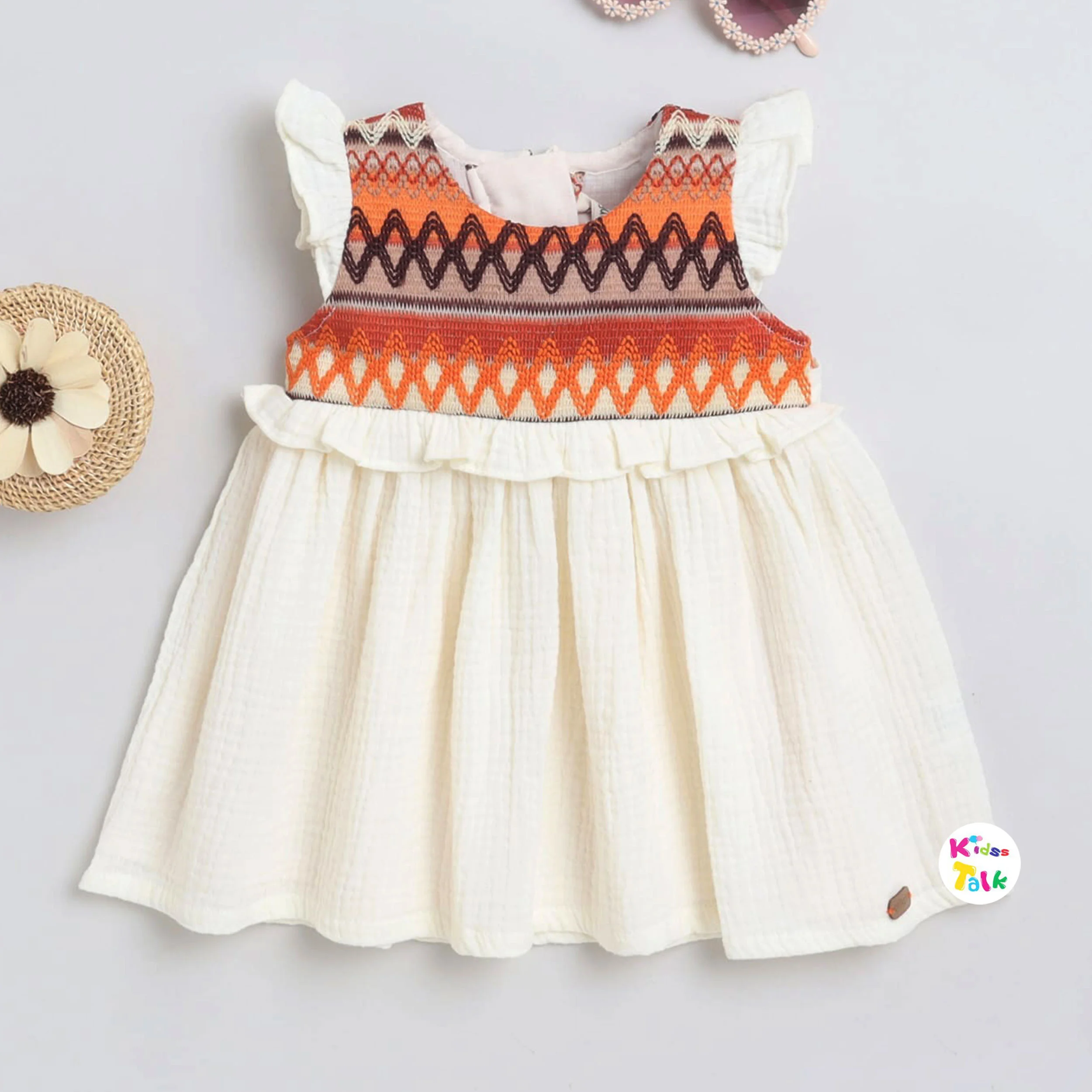 Muslin Half Sleeve Frock With Cute Embroidered - Cream