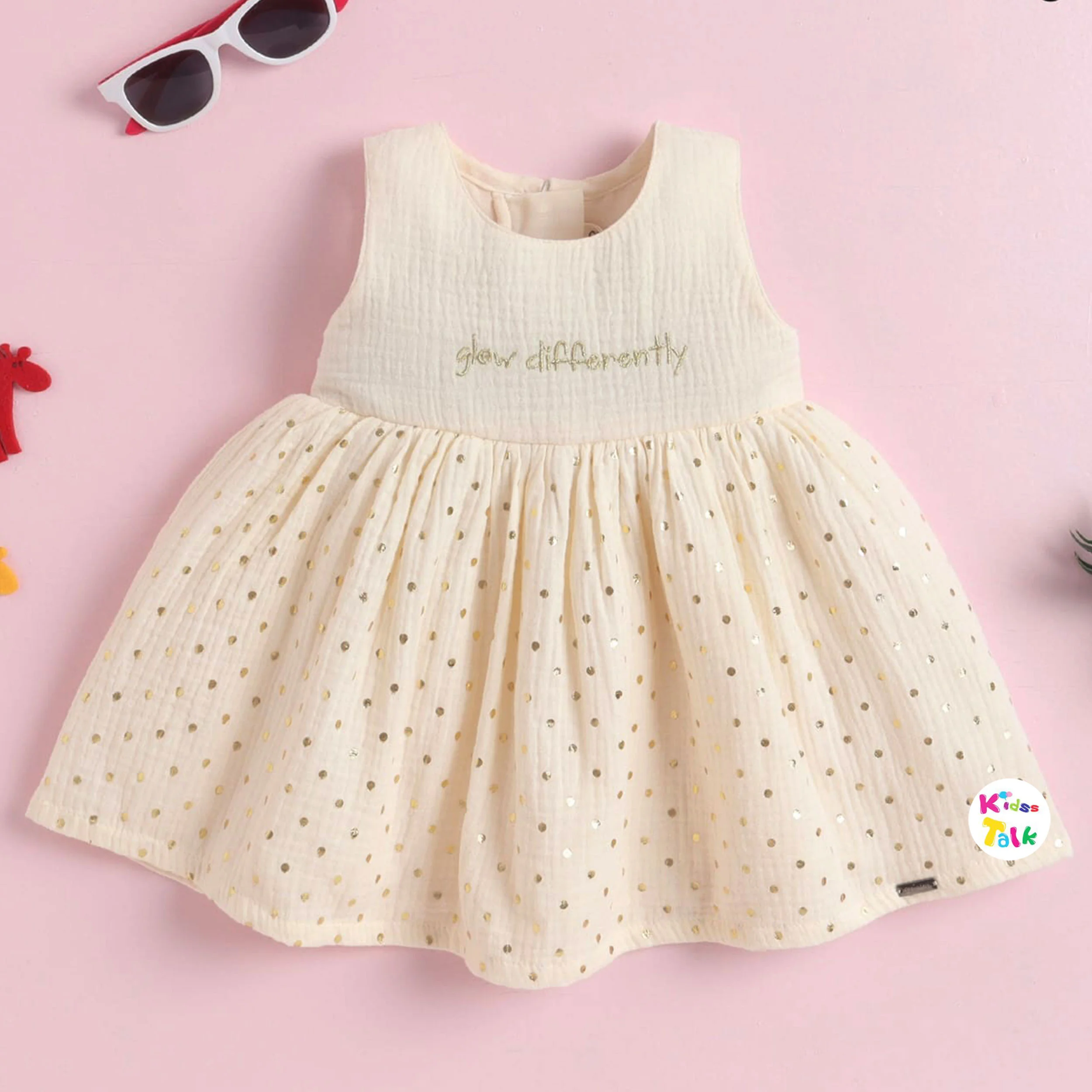 Muslin Sleeveless Frock With Cute Foill Print - Cream