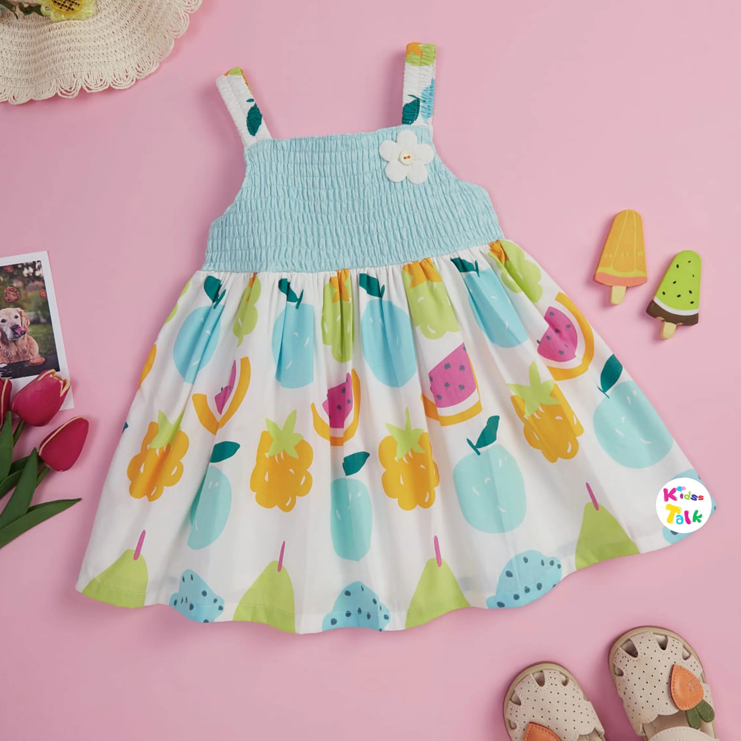 Cute Sleeveless Printed Frock With Patch Work - Ice Blue