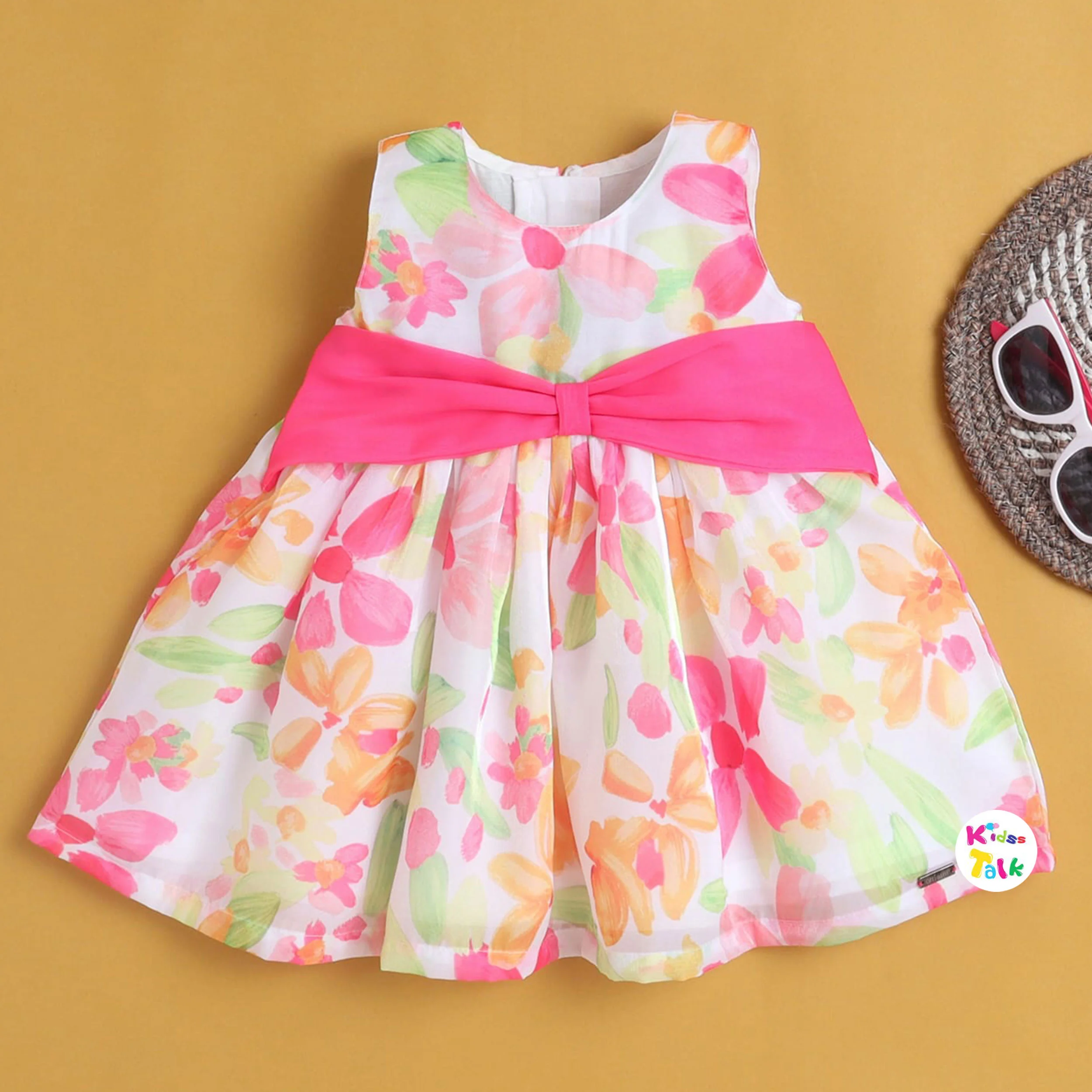 Satin Sleeveless Frock With Floral Print - Flamingo Pink