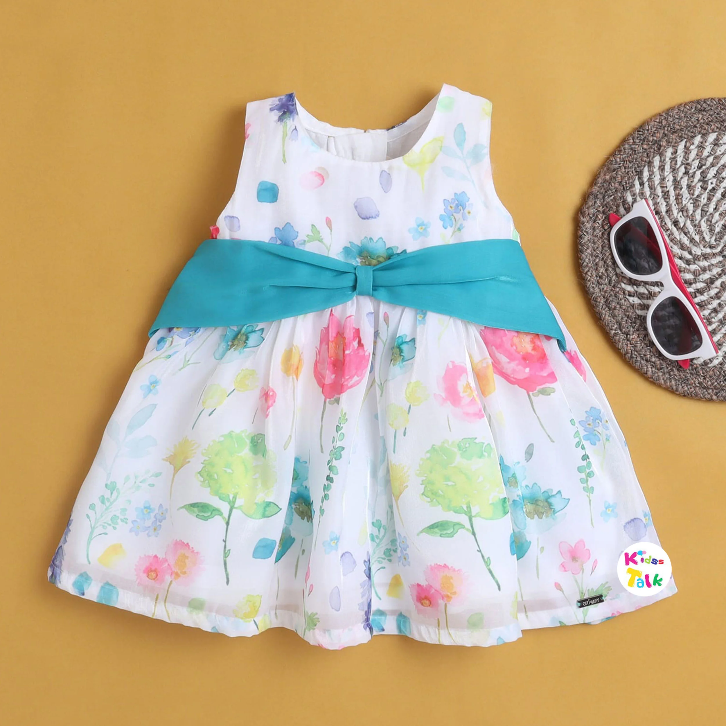 Satin Sleeveless Frock With Floral Print - Green