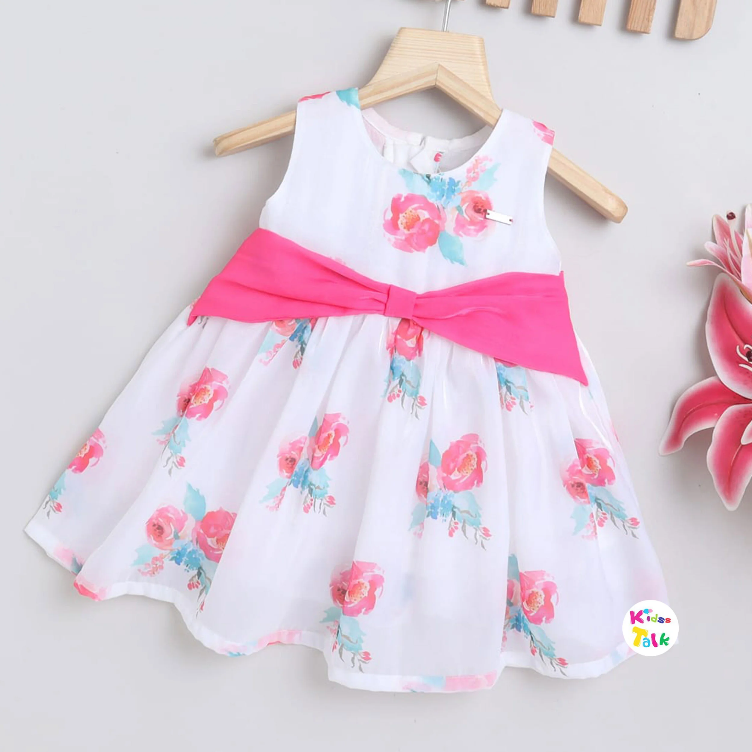 Satin Sleeveless Frock With Floral Print - Tomato Red