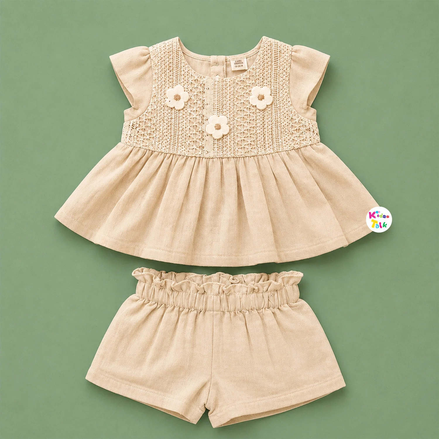 Muslin Half Sleeve Frock With Cute All Over Print - Beige