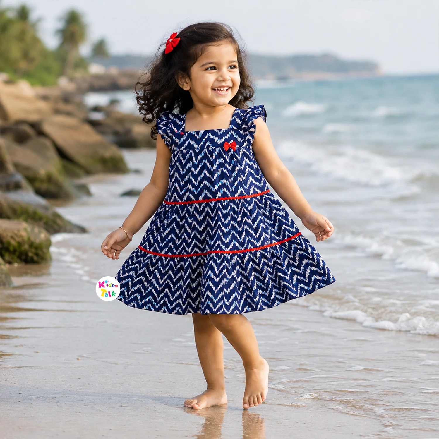 Cute Cotton Sleeveless Frock With Cute Print - Navy Blue