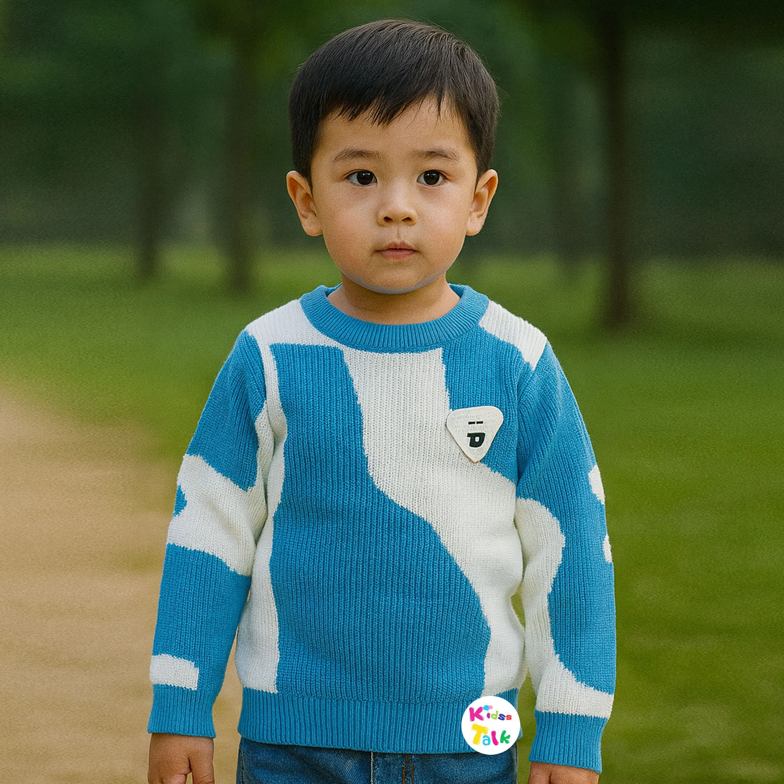 Cotton Knitted Full Sleeve T-shirt With Cute Printed - Ice Blue