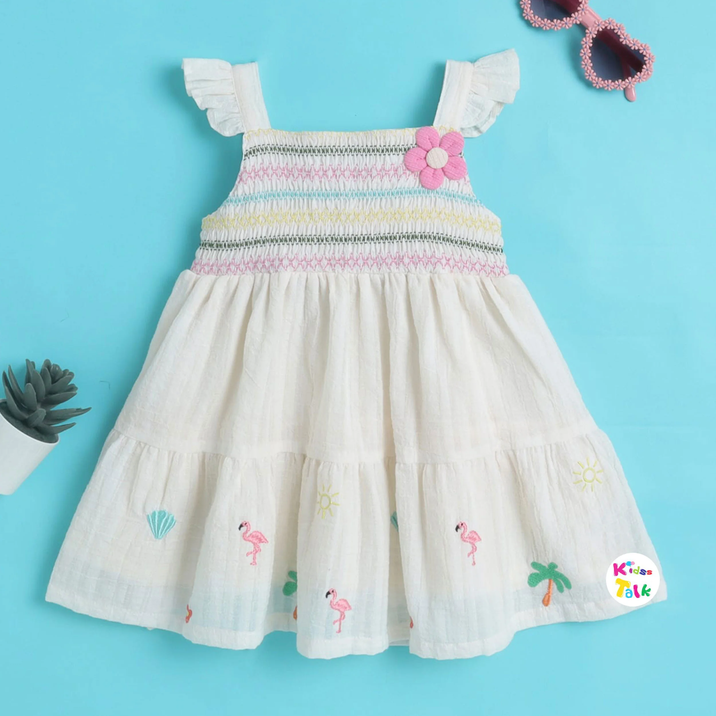 Cotton Sleeveless Frock With Embroidered - Cream