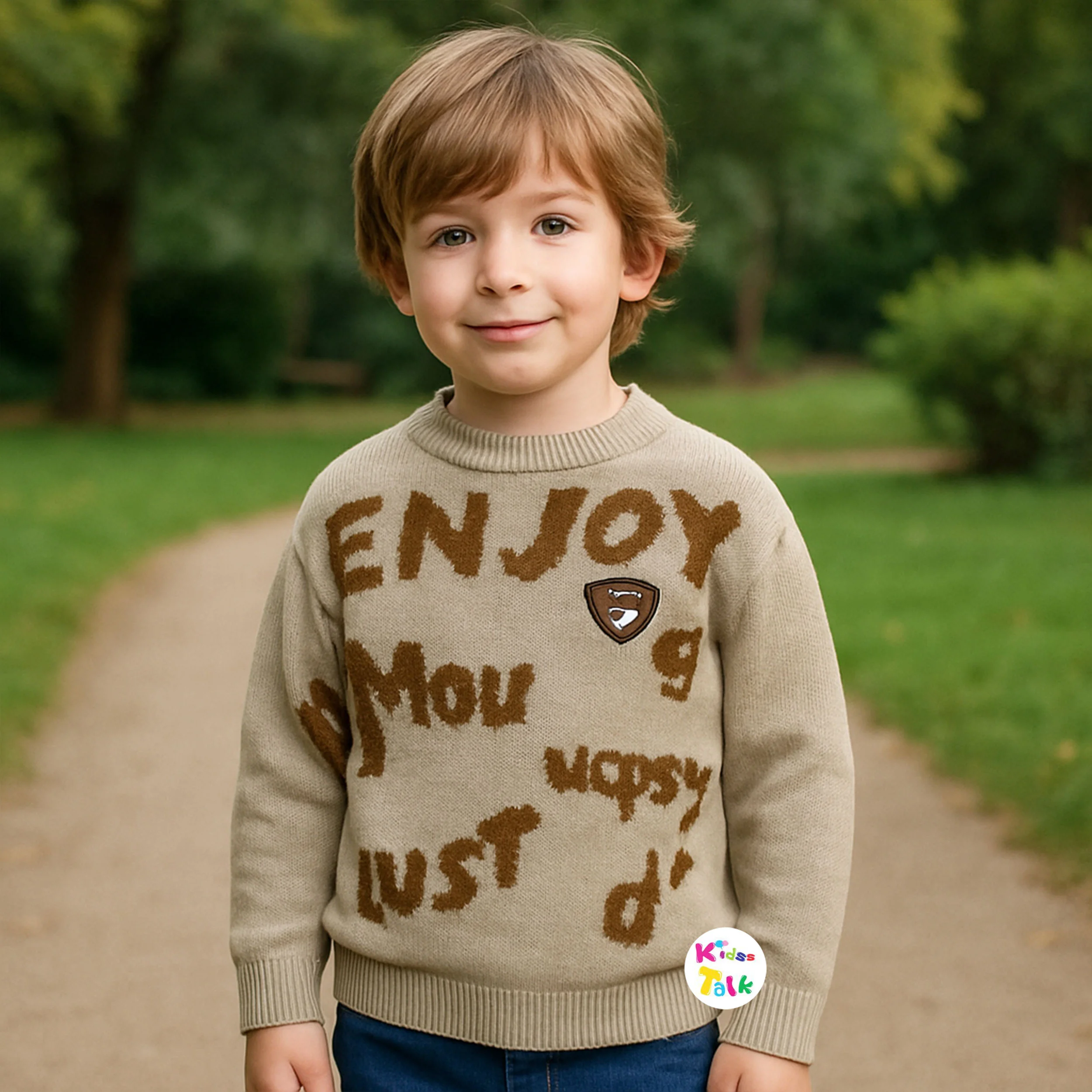 Cotton Knitted Full Sleeve T-shirt With Cute Printed - Beige