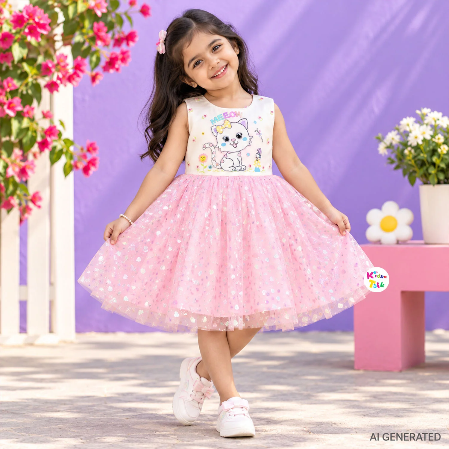 Cute Net Sleeveless Party Frock With Bead Work - Baby Pink