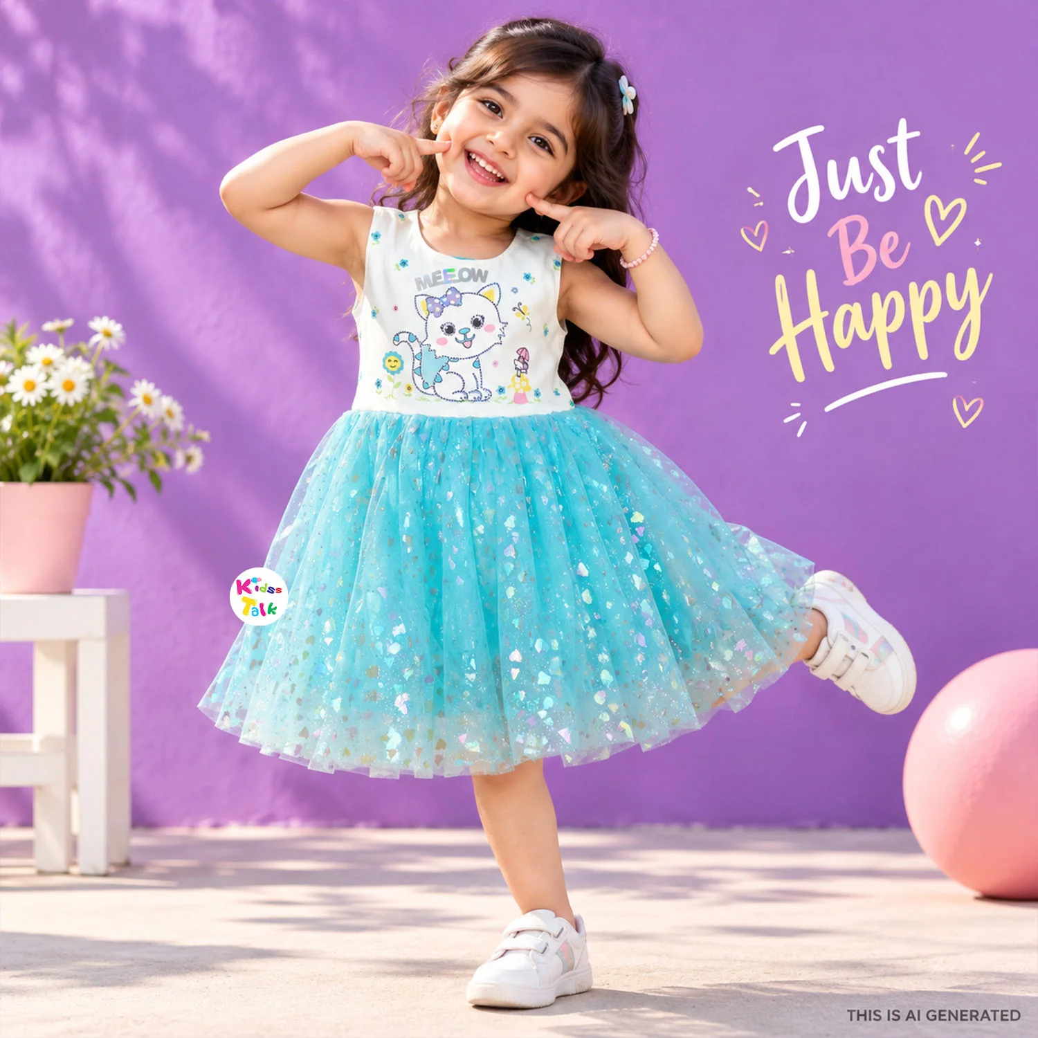 Cute Net Sleeveless Party Frock With Bead Work - Ice Blue