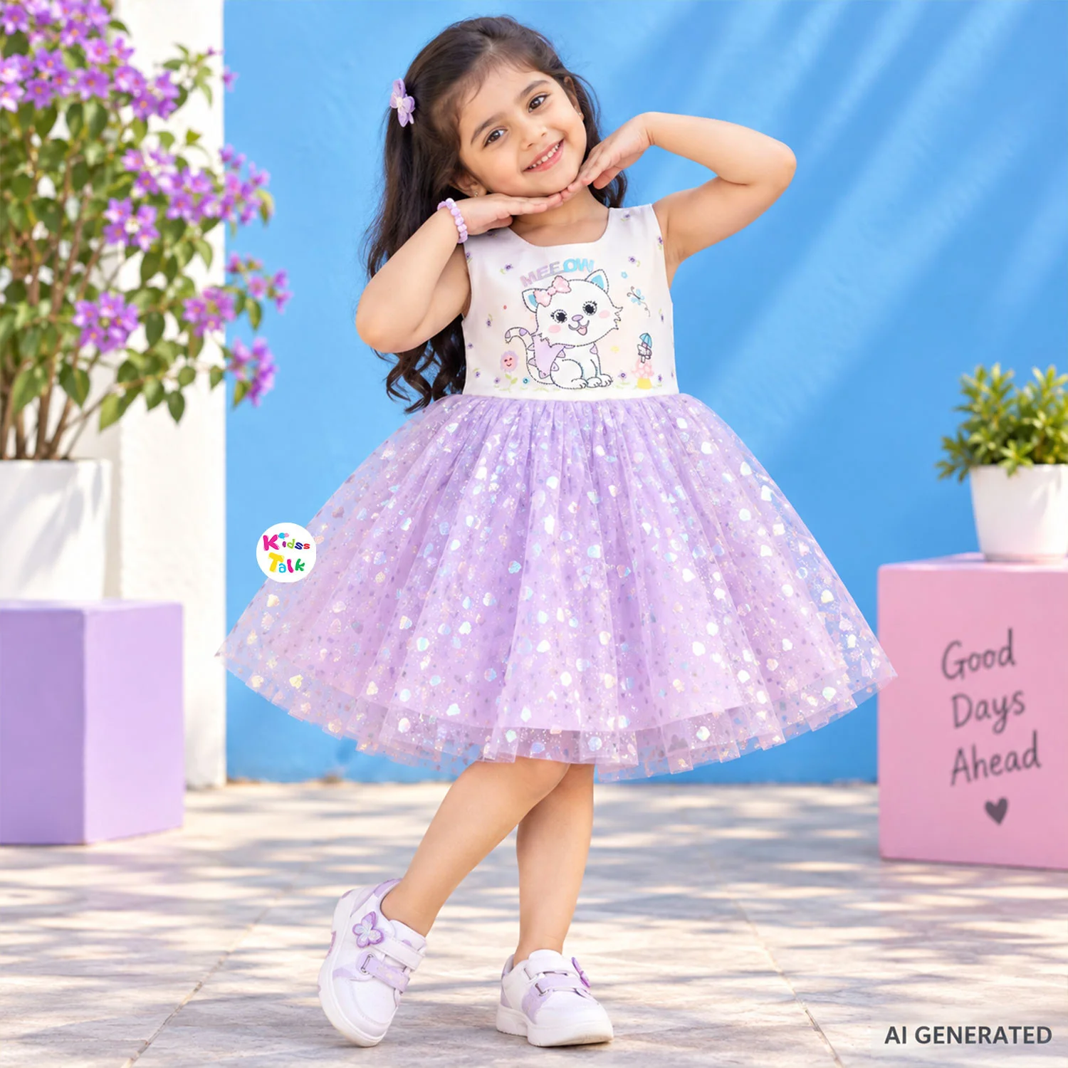 Cute Net Sleeveless Party Frock With Bead Work - Lavender