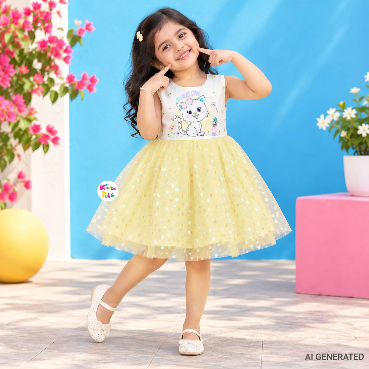 Cute Net Sleeveless Party Frock With Bead Work - Lemon Yellow