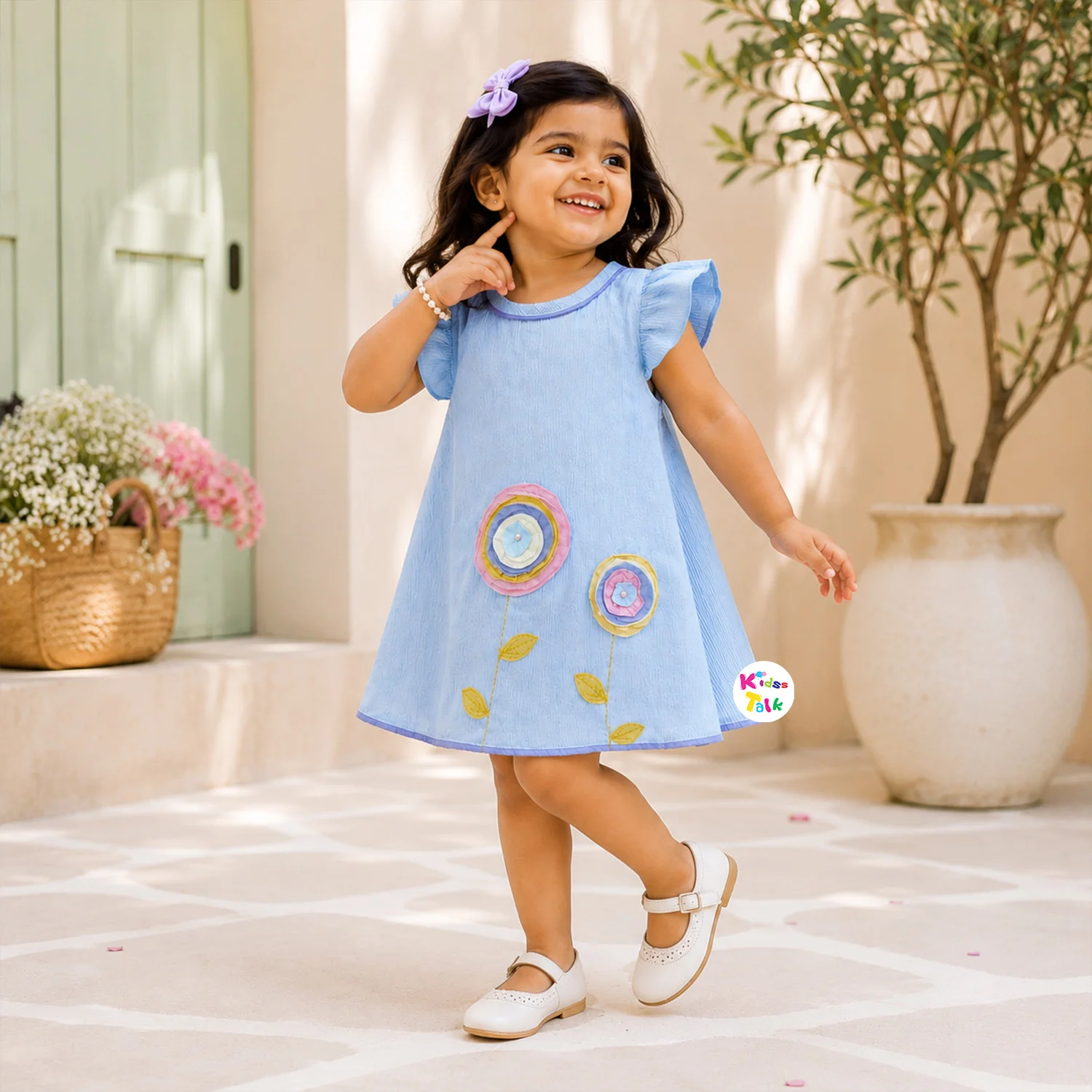 Cute Half Sleeve Frock With Flower Patch Work - Ice Blue