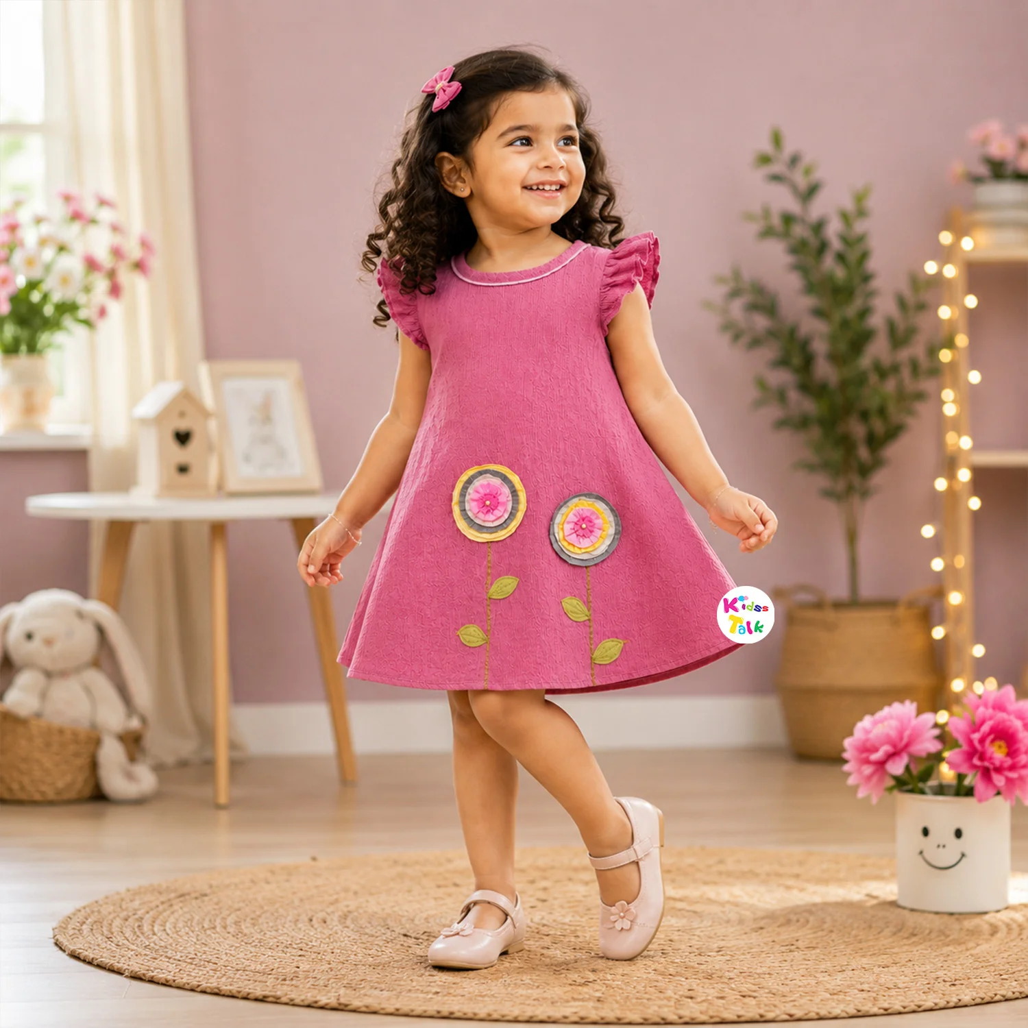 Cute Half Sleeve Frock With Flower Patch Work - Peach
