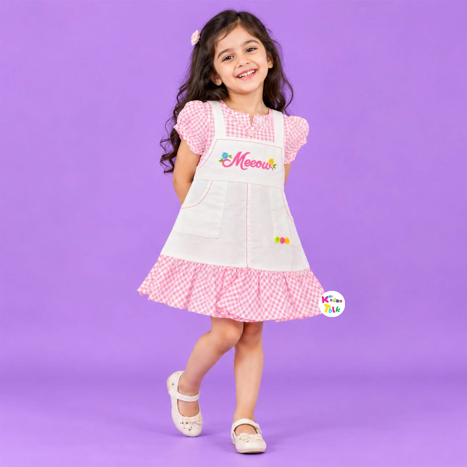 Cotton Half Sleeve Frock With Pinafore Embroidery - Baby Pink