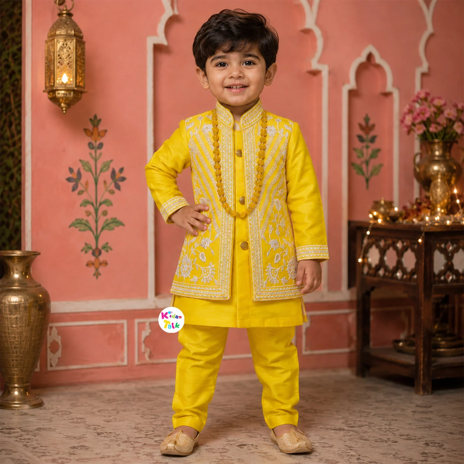 Royal Full Sleeve Sherwani Set With Embroidery - Yellow