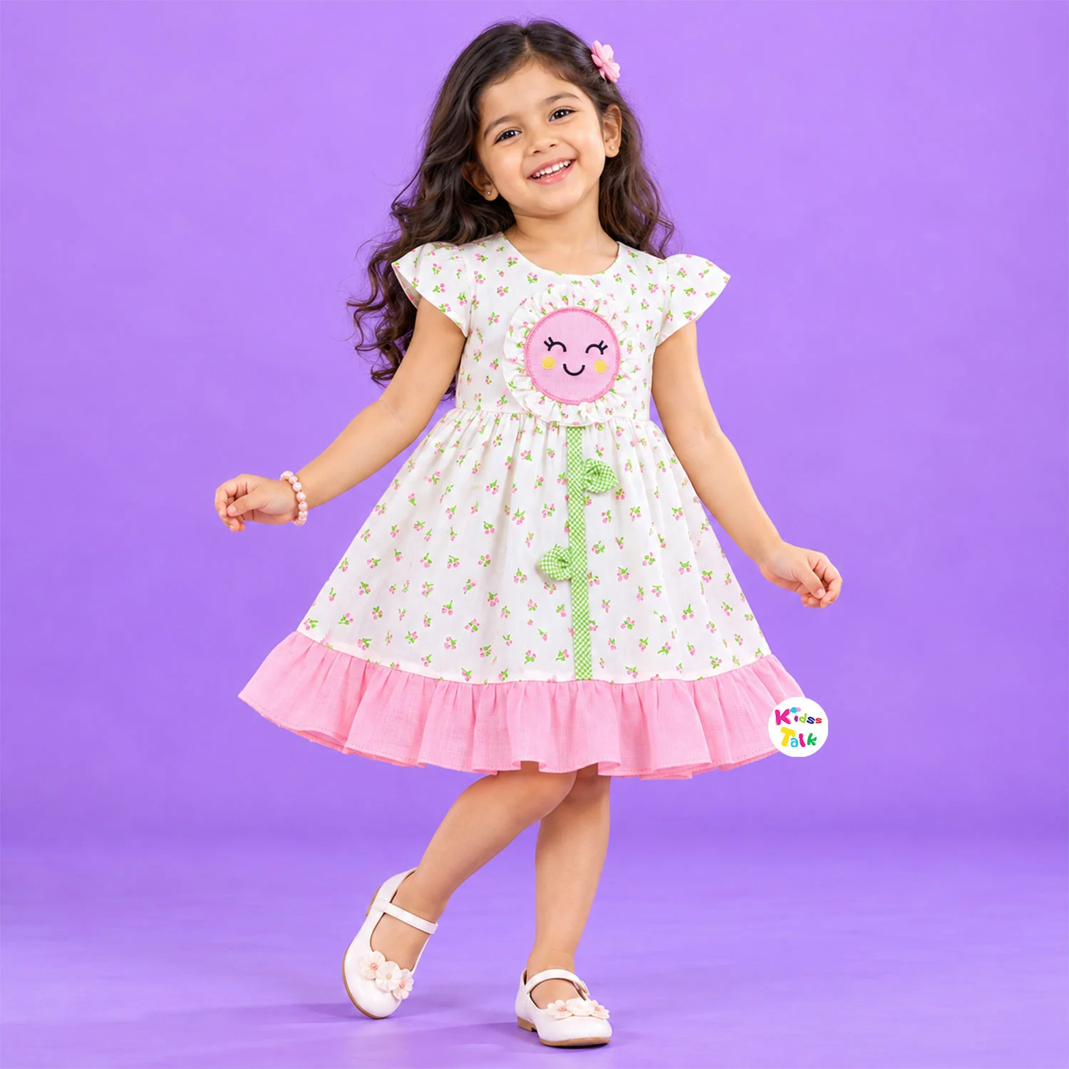 Cotton Cap Sleeve Frock With Smiley Patch Work - Baby Pink