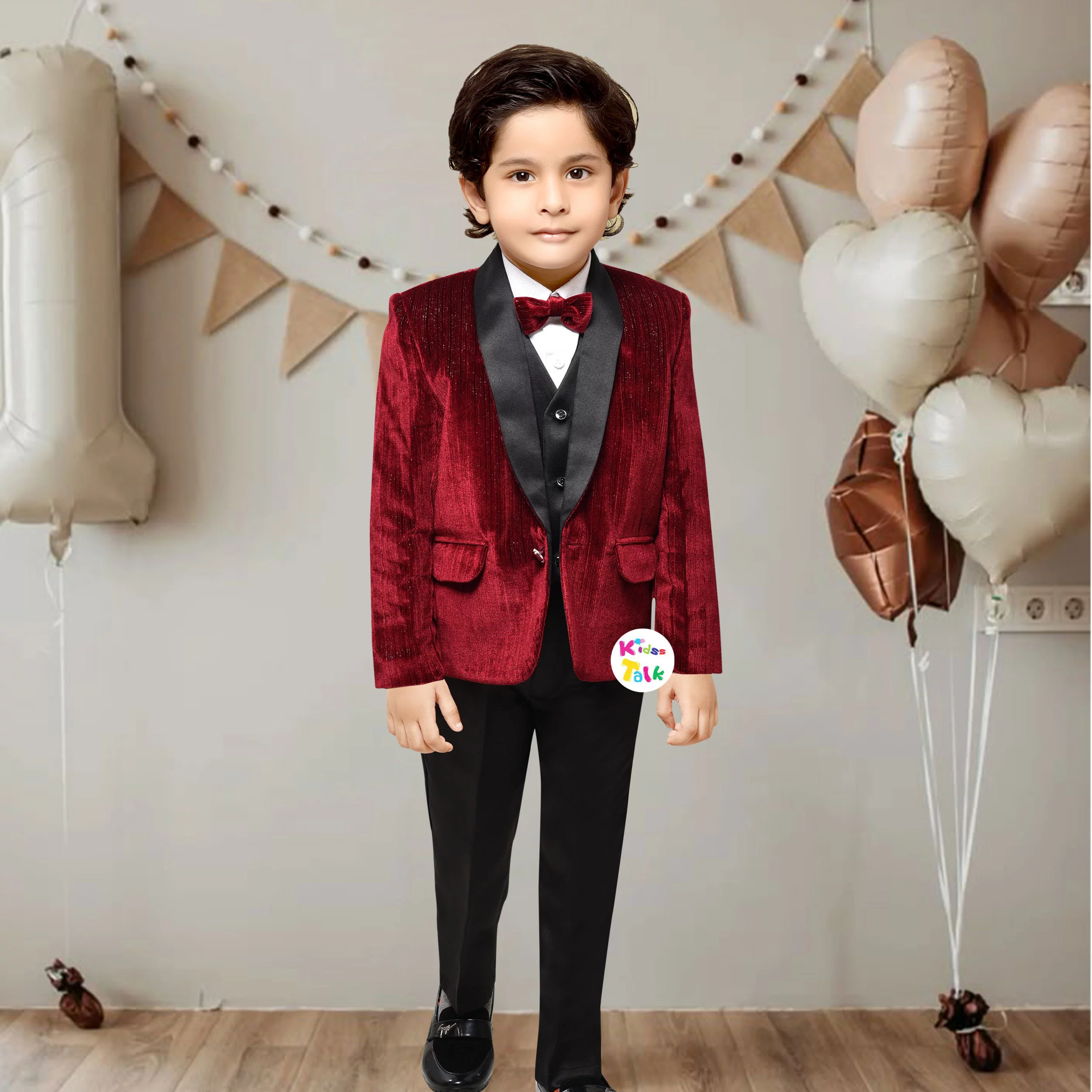 Velvet 3 Piece Coat Set With Satin Waist Coat And Pant -maroon