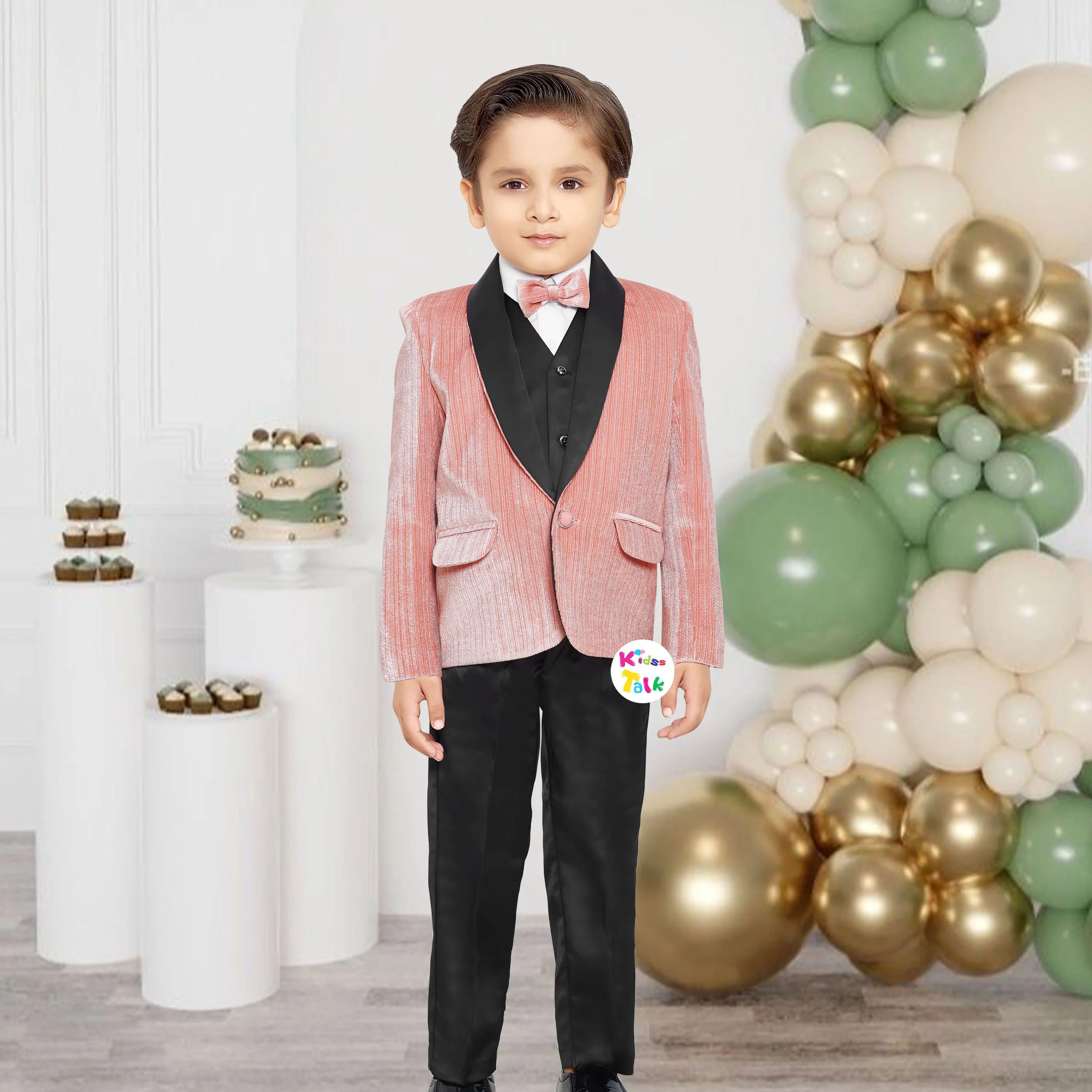 Velvet 3 Piece Coat Set With Satin Waist Coat And Pant - Peach