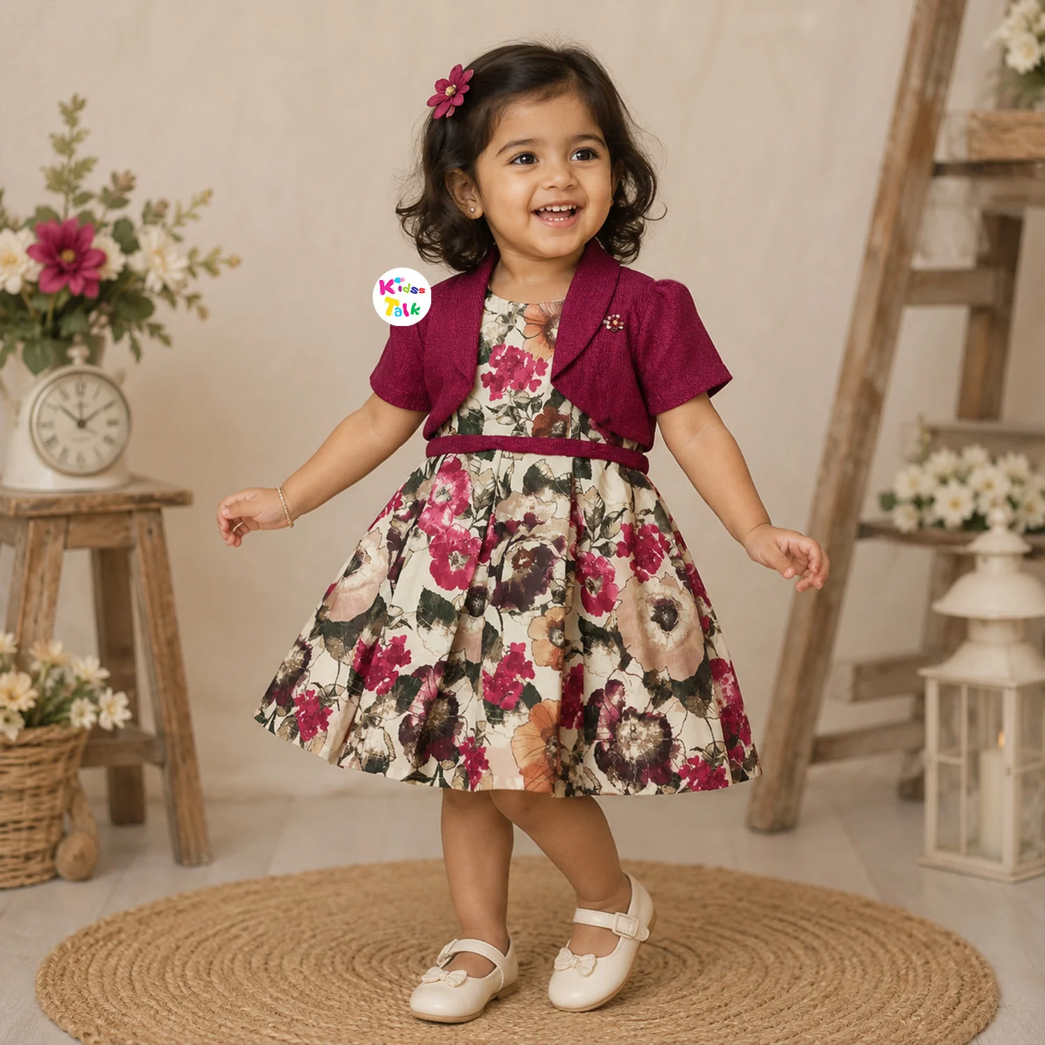 Cute Cotton Half Sleeve Frock With Shrug - Maroon