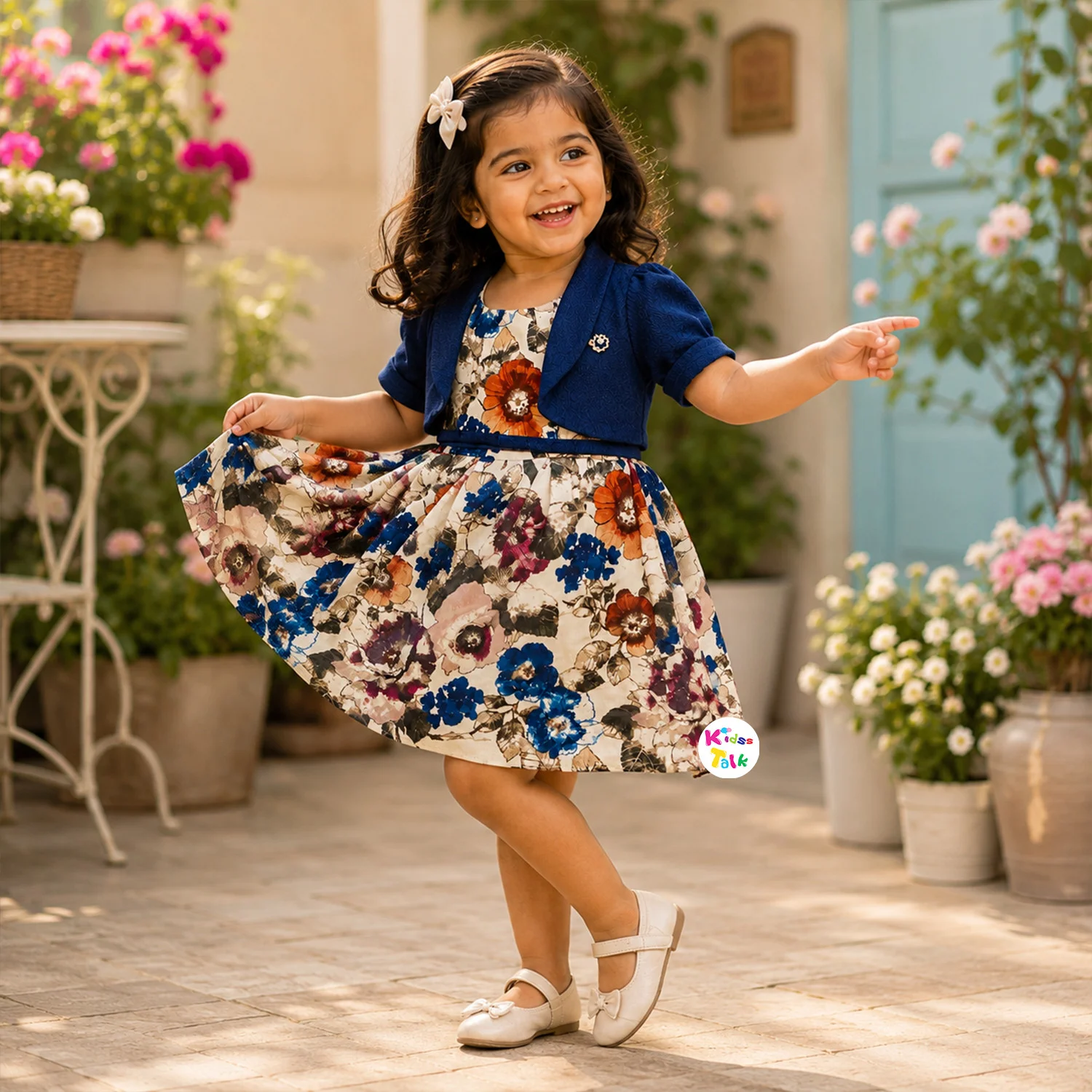 Cute Cotton Half Sleeve Frock With Shrug - Teal Blue