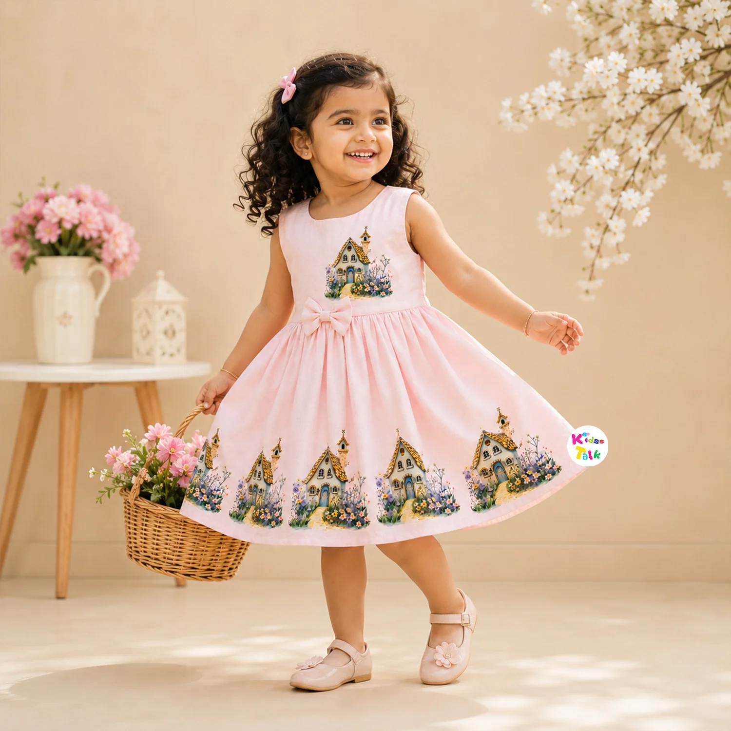 Cute Sleeveless Frock With Cute Print - Baby Pink