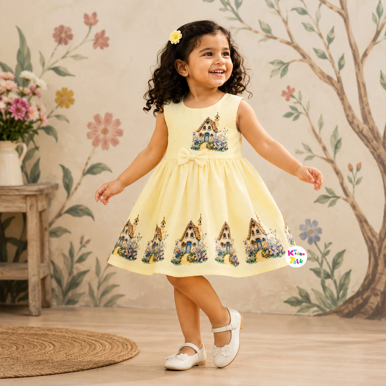 Cute Sleeveless Frock With Cute Print - Lemon Yellow