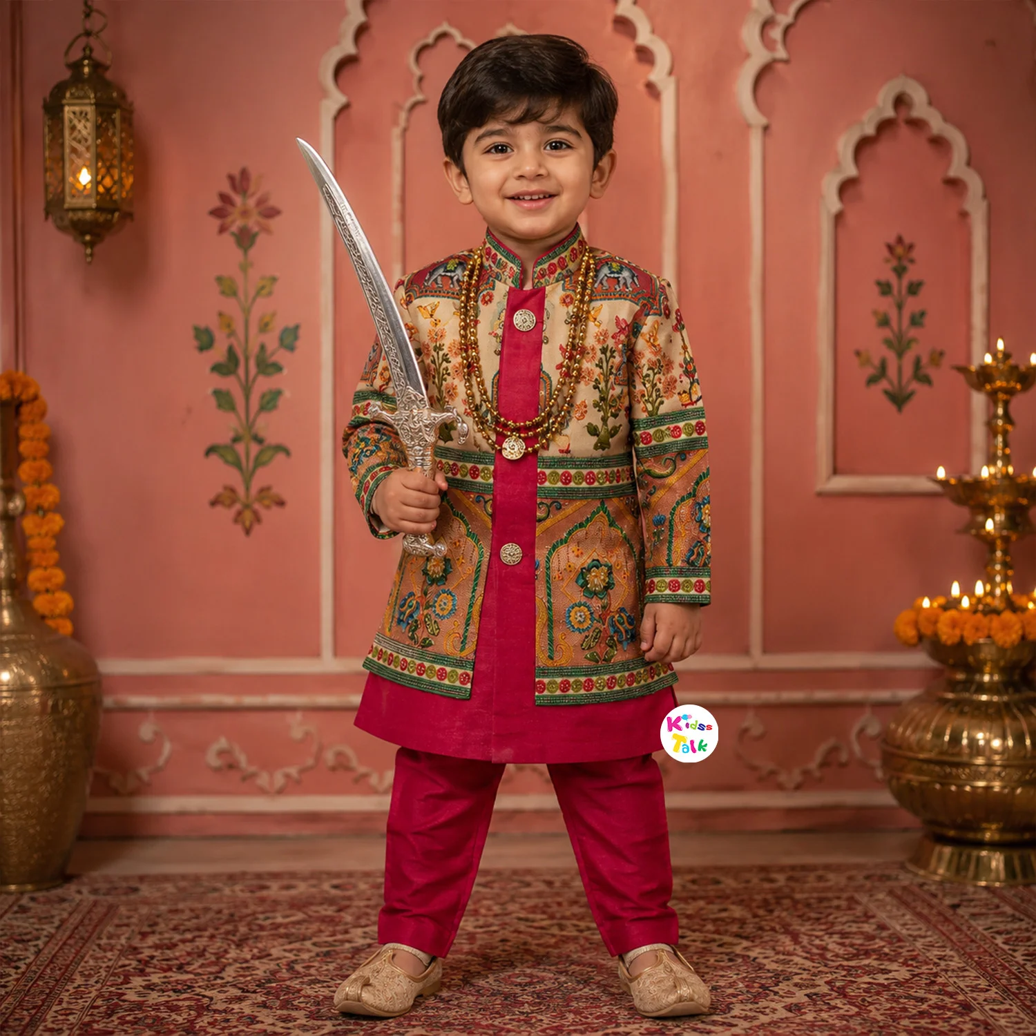 Royal Full Sleeve Sherwani Set With Embroidery - Elephant Print