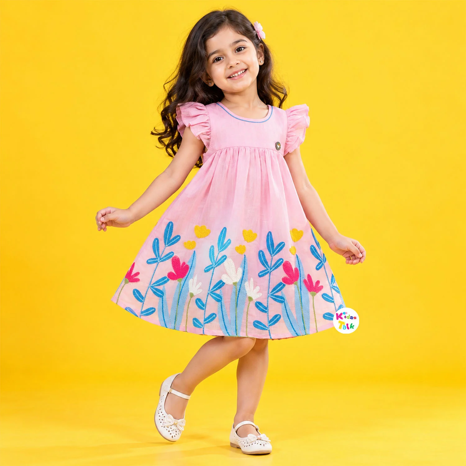 Muslin Ruffle Sleeve Frock With Floral Embroidery - Baby Pink