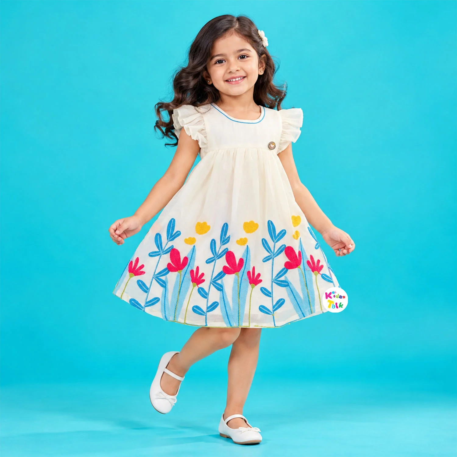 Muslin Ruffle Sleeve Frock With Floral Embroidery - Cream