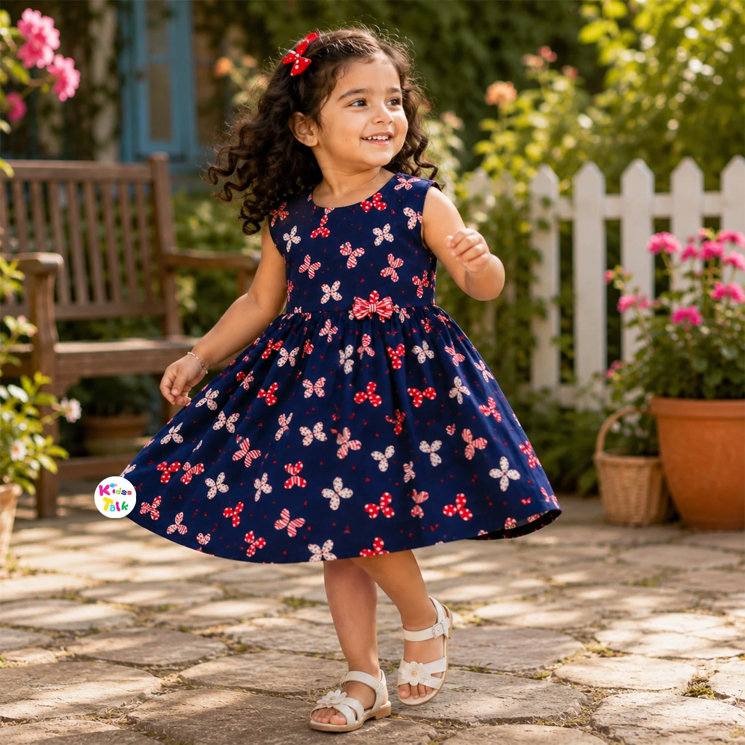 Cotton Half Sleeve Frock With Cute Print - Navy Blue
