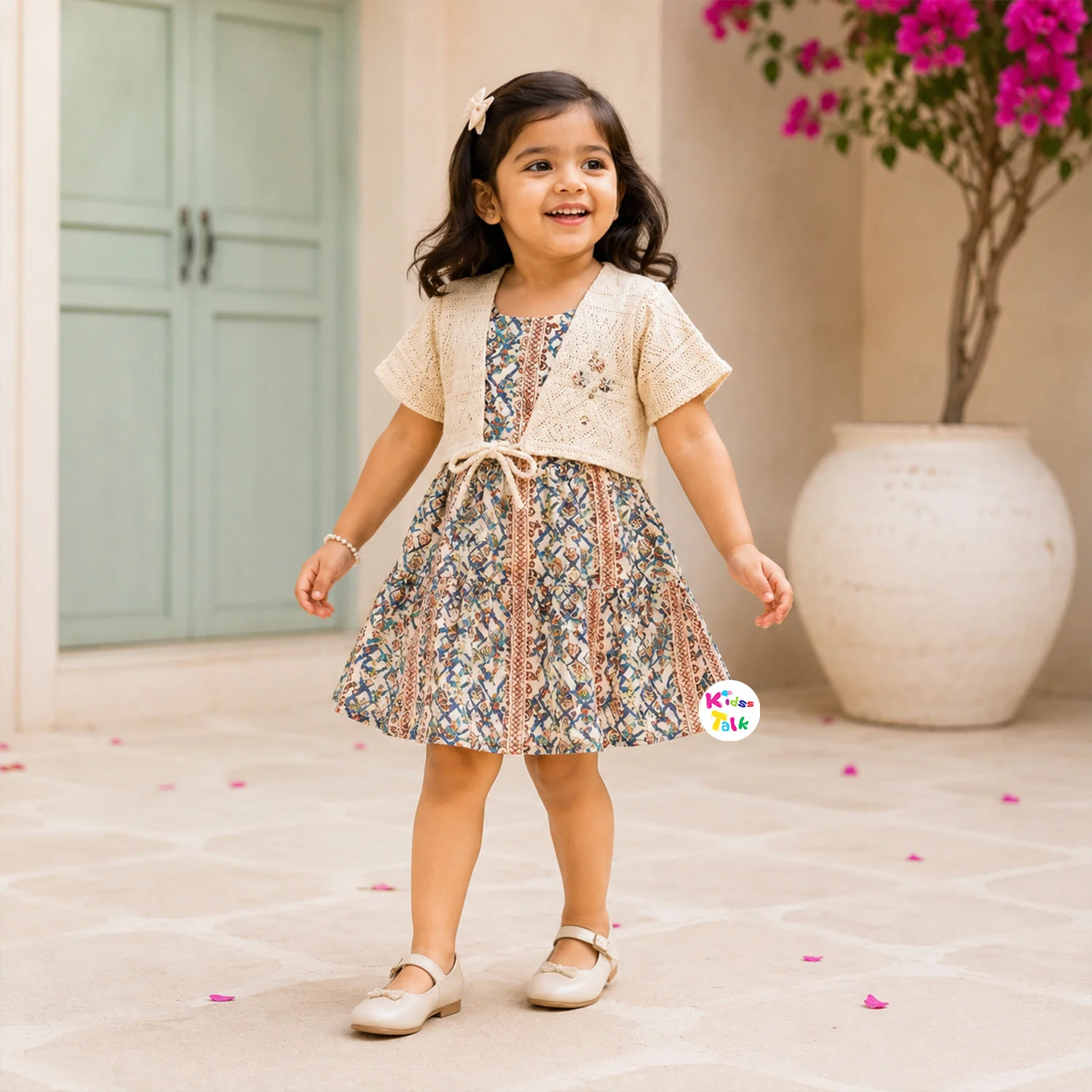 Georgette Half Sleeve Frock With Shrug - Multicolour