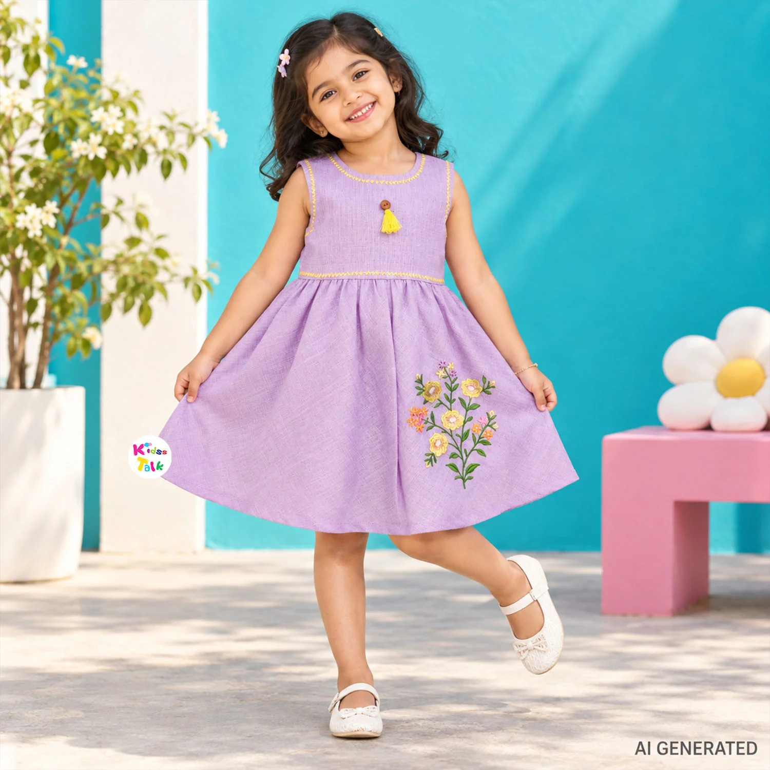 Cute Cotton Sleeveless Frock With Embroidered - Lavender