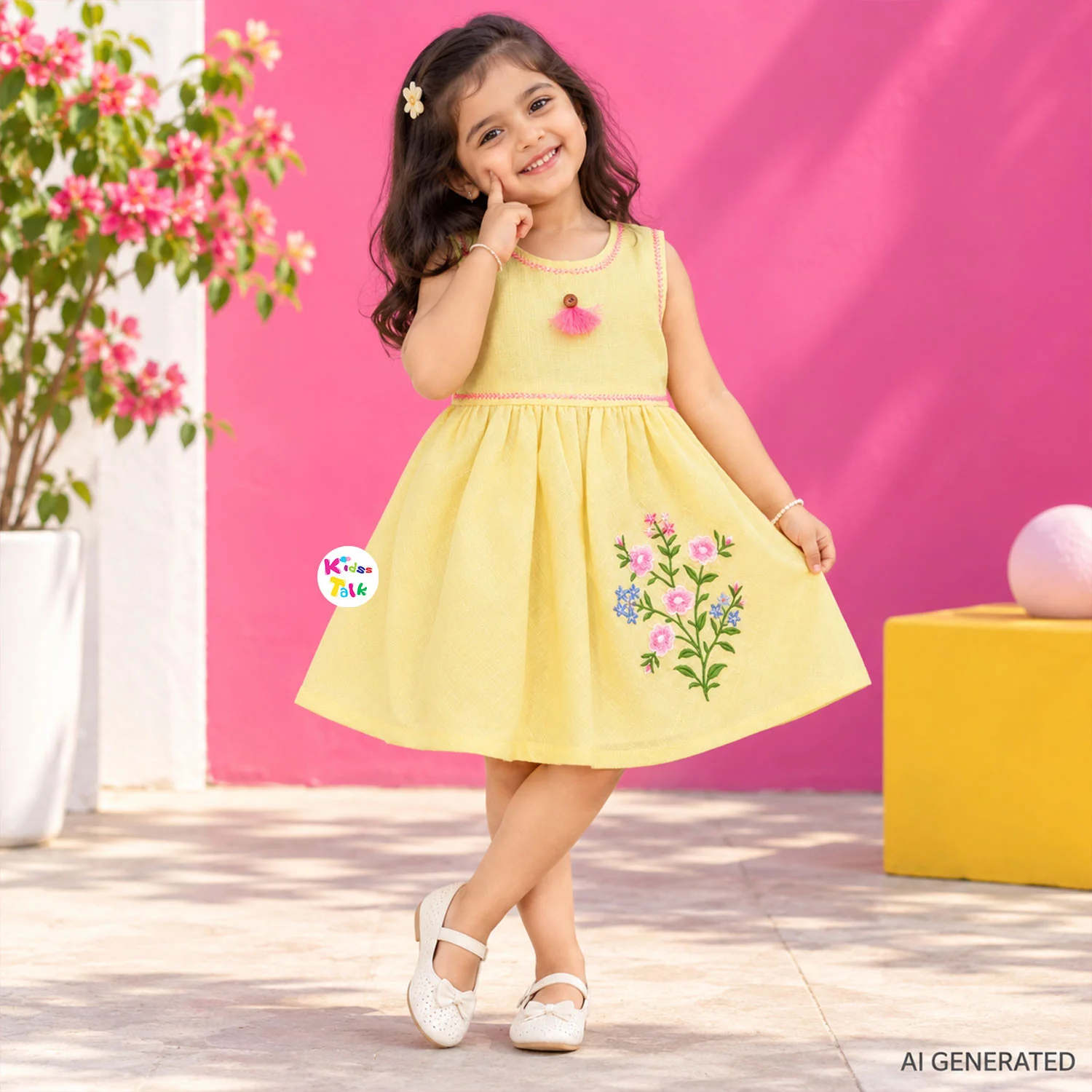 Cute Cotton Sleeveless Frock With Embroidered - Lemon Yellow