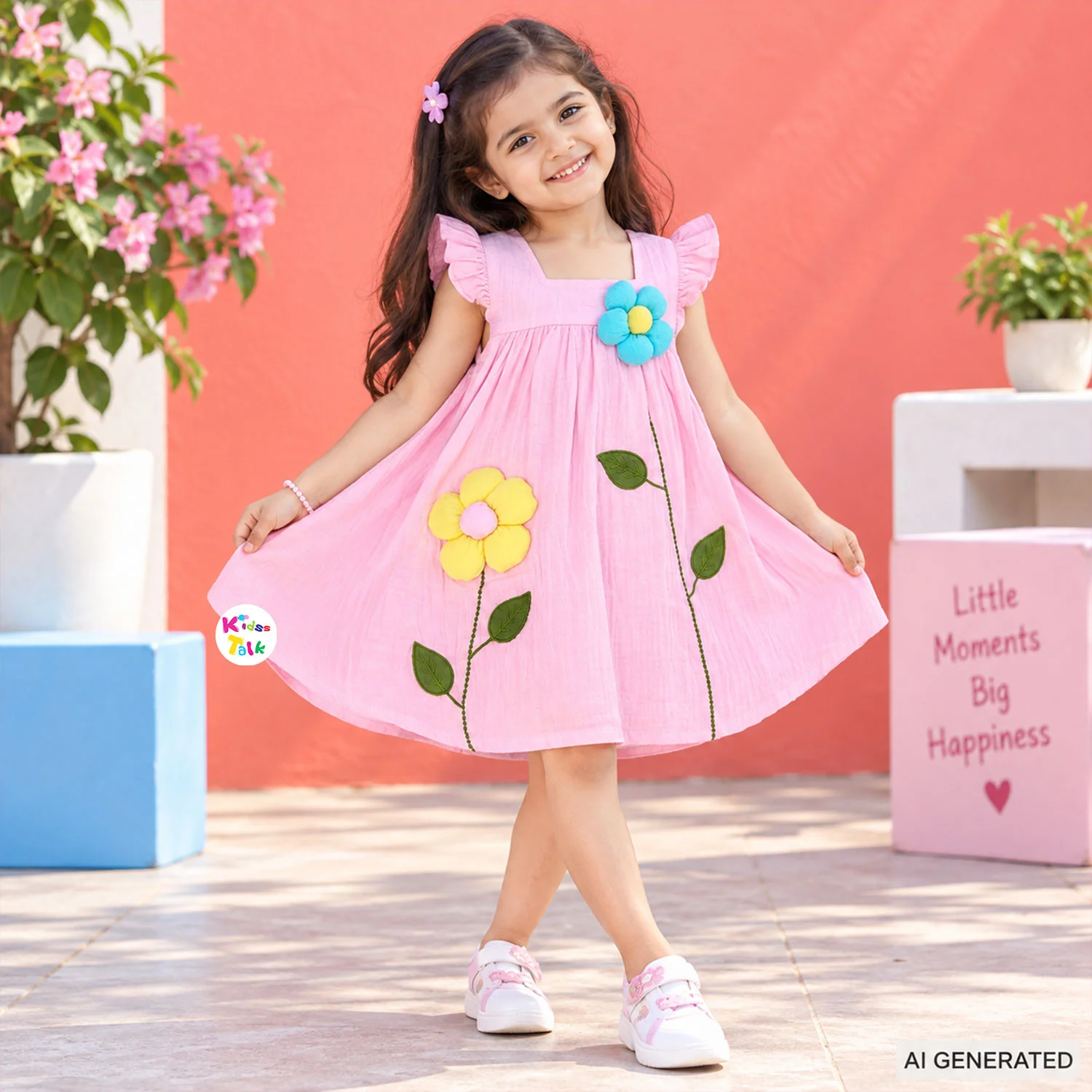 Cute Muslin Sleeveless Frock With Flower Patch Work - Baby Pink