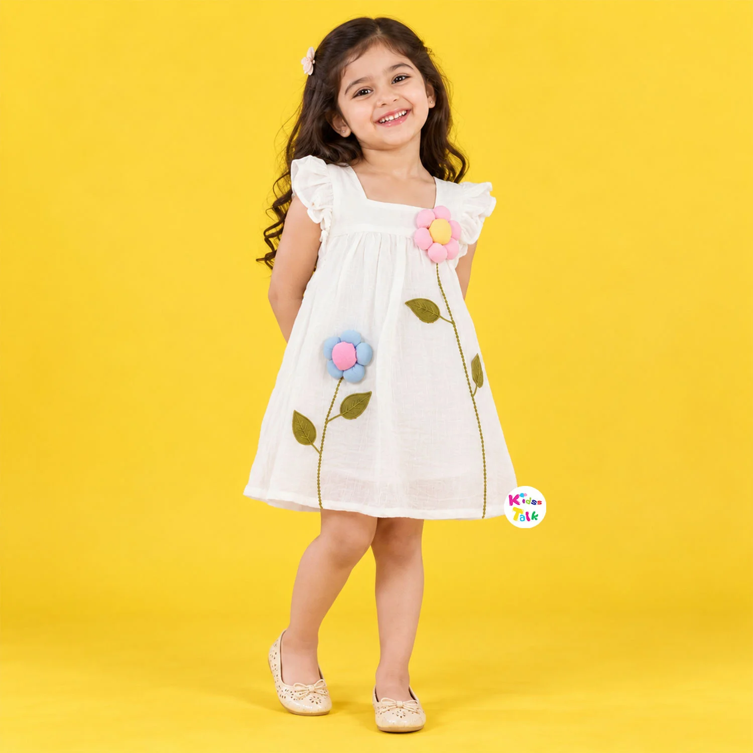 Muslin Ruffle Sleeve Frock With Artificial Flower - White