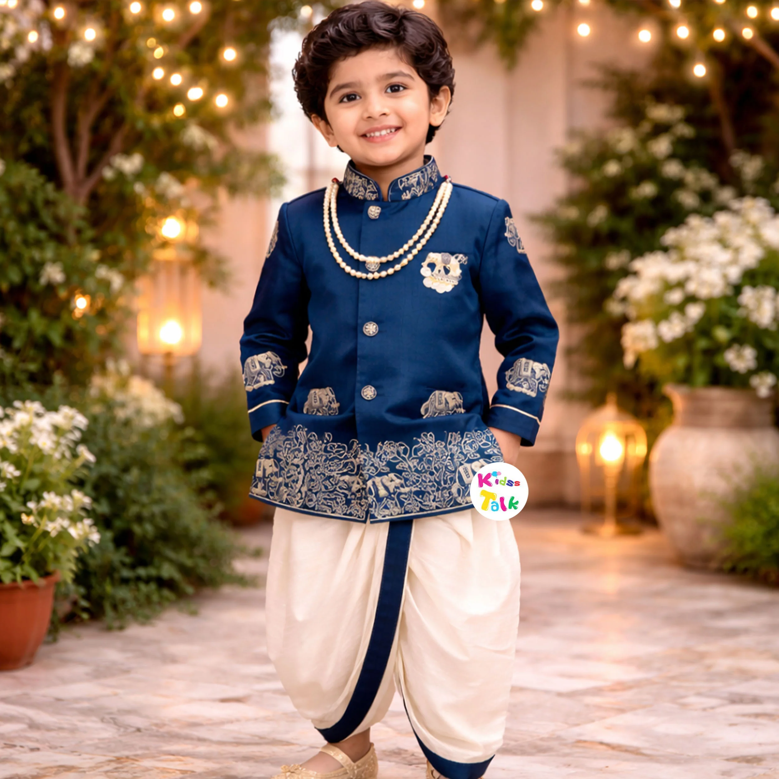 Royal Full Sleeve Embroidered Kurta With Pyjama & Dhoti - Teal Blue