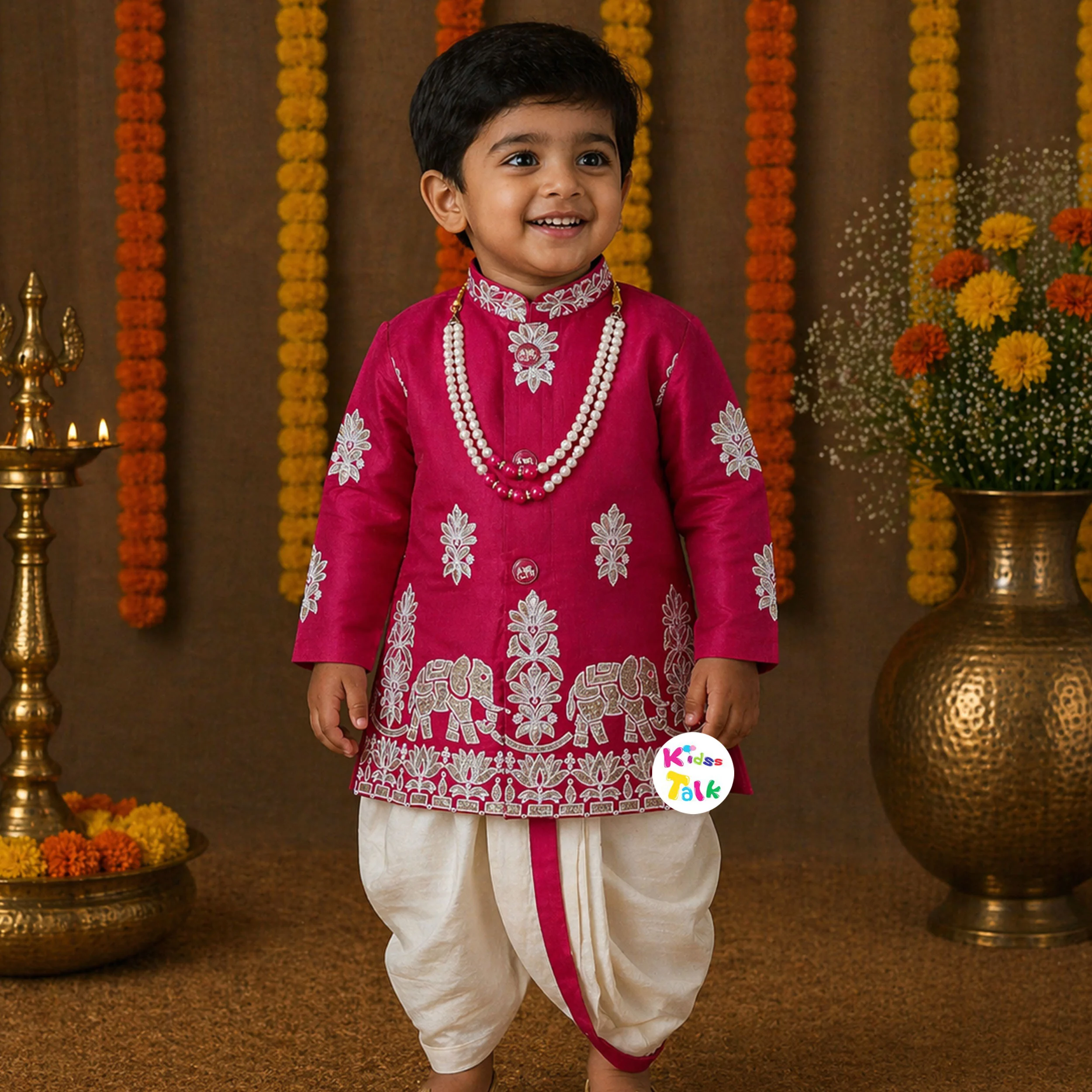 Royal Full Sleeve Embroidered Kurta With Pyjama & Dhoti - Hot Pink