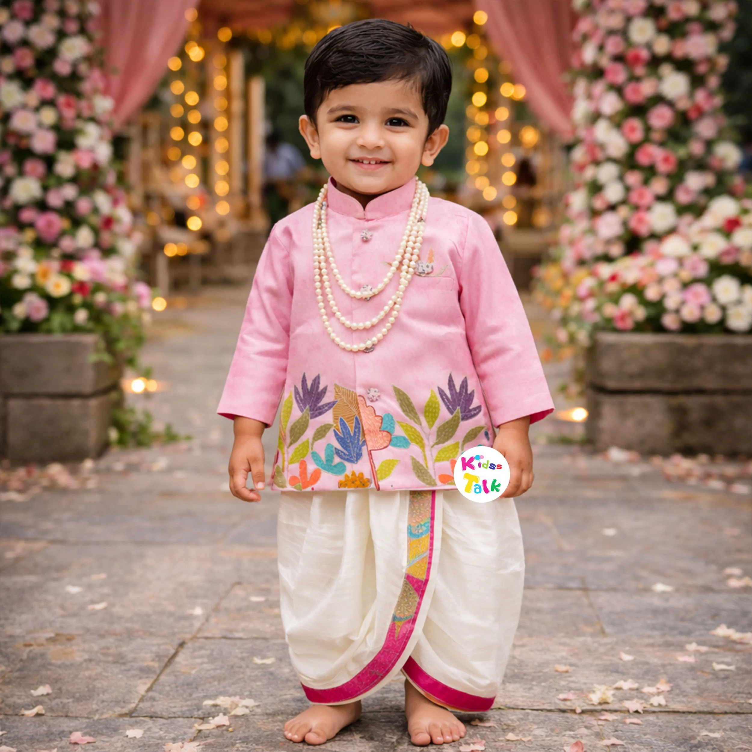 Royal Full Sleeve Embroidered Kurta With Pyjama & Dhoti - Baby Pink